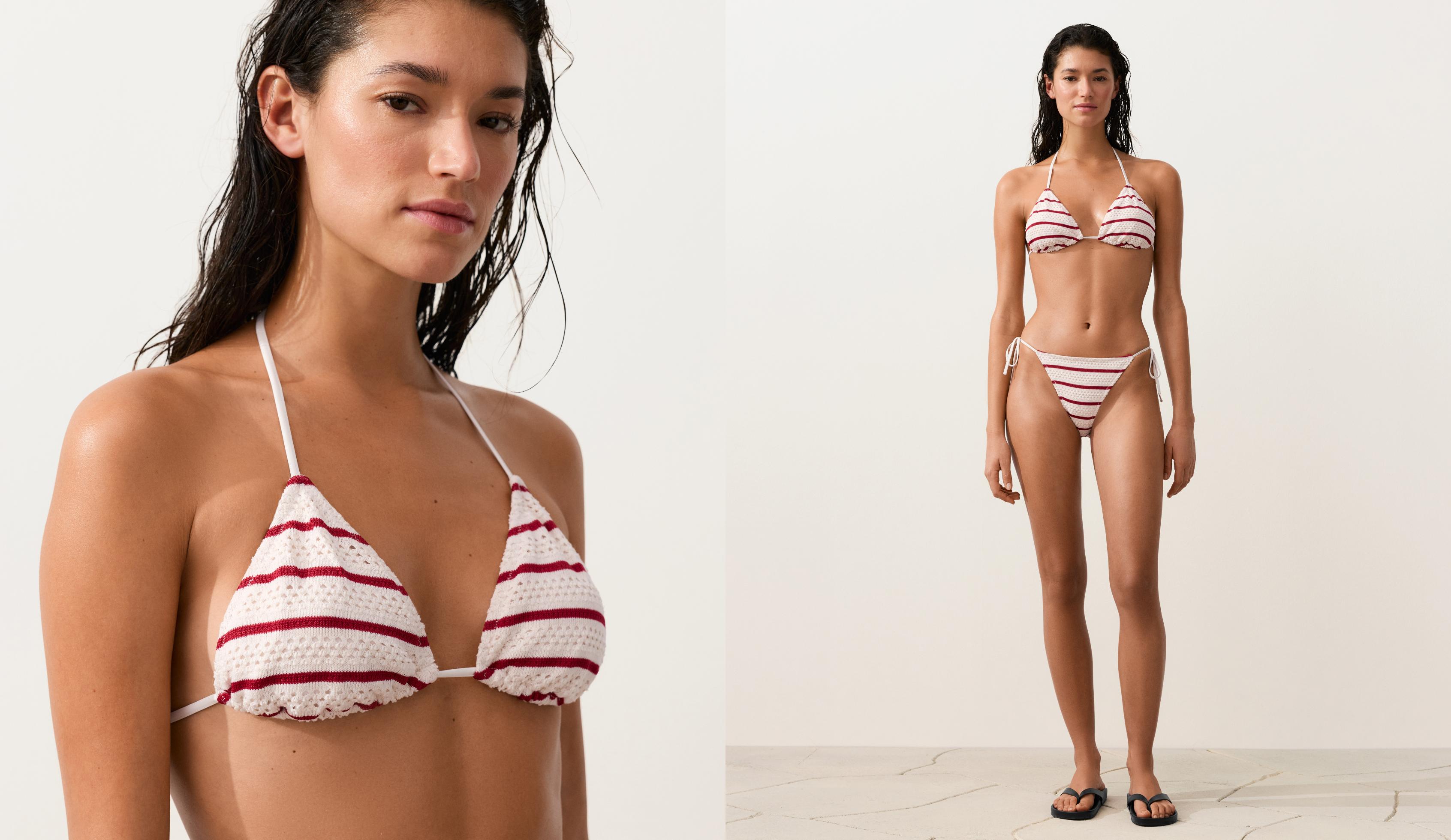 Crochet stripe triangle bikini top — ECRU