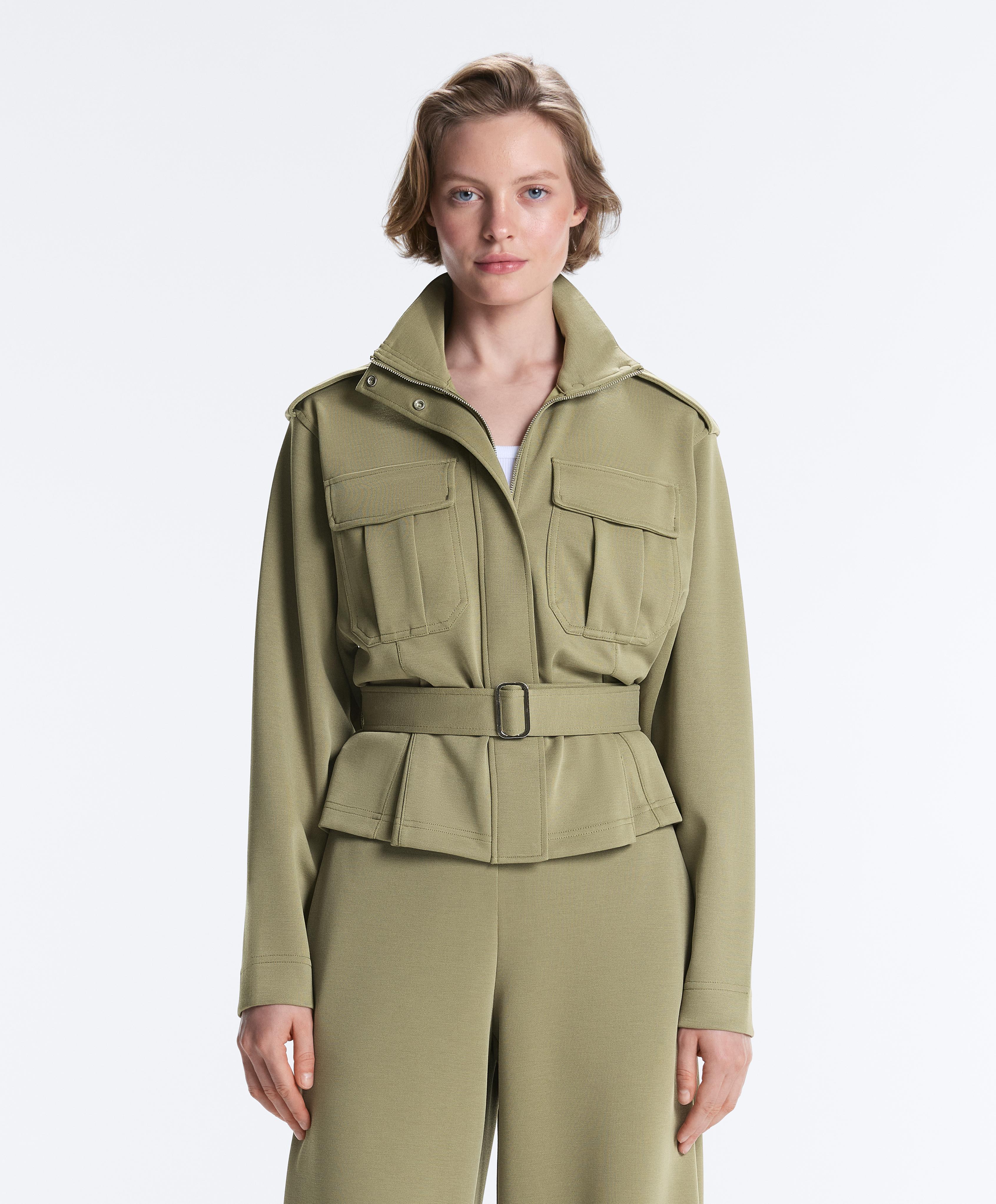 Cropped piqué utility jacket with belt — YELLOW GREEN