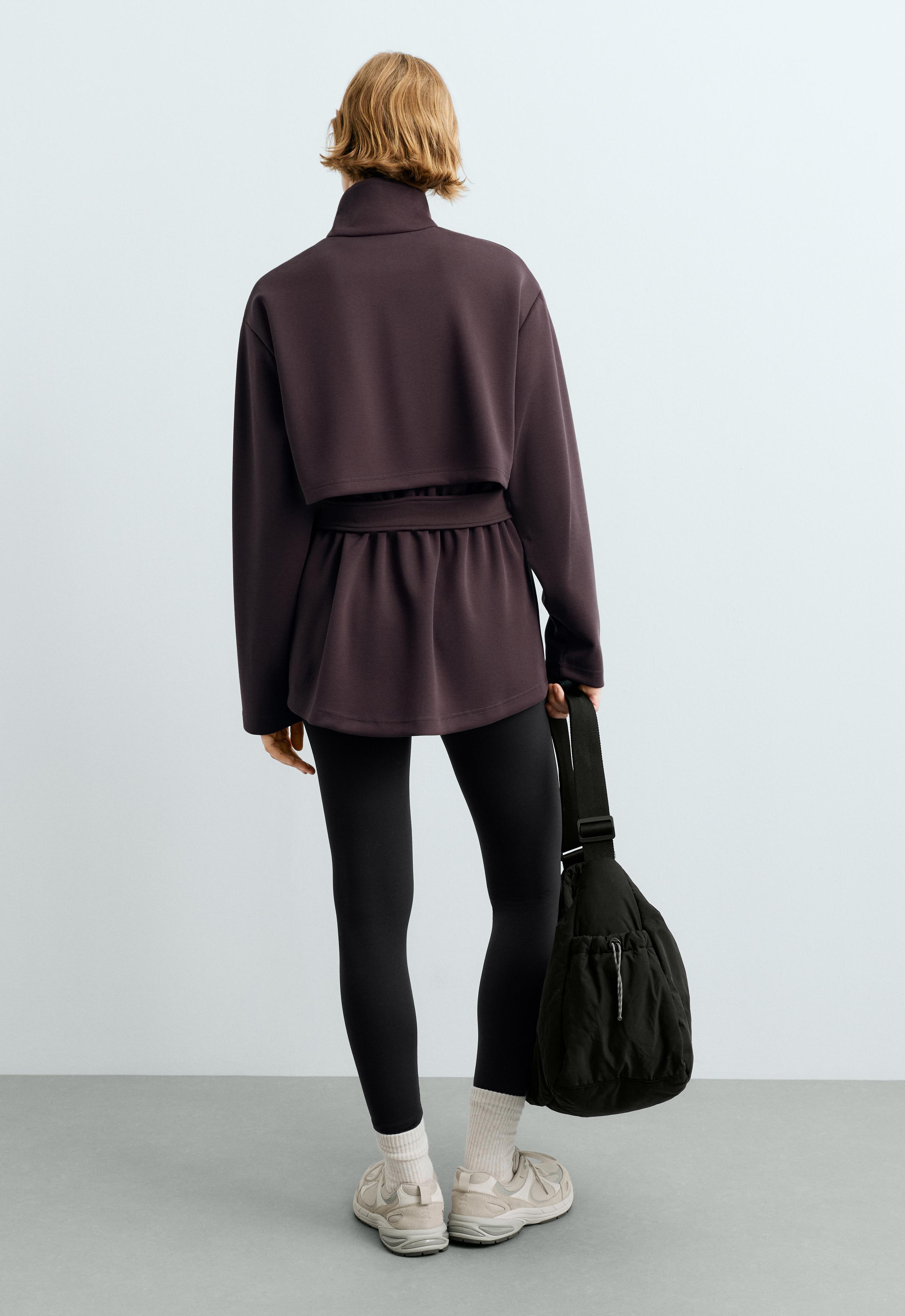 Long piqué jacket with belt — Purplish brown