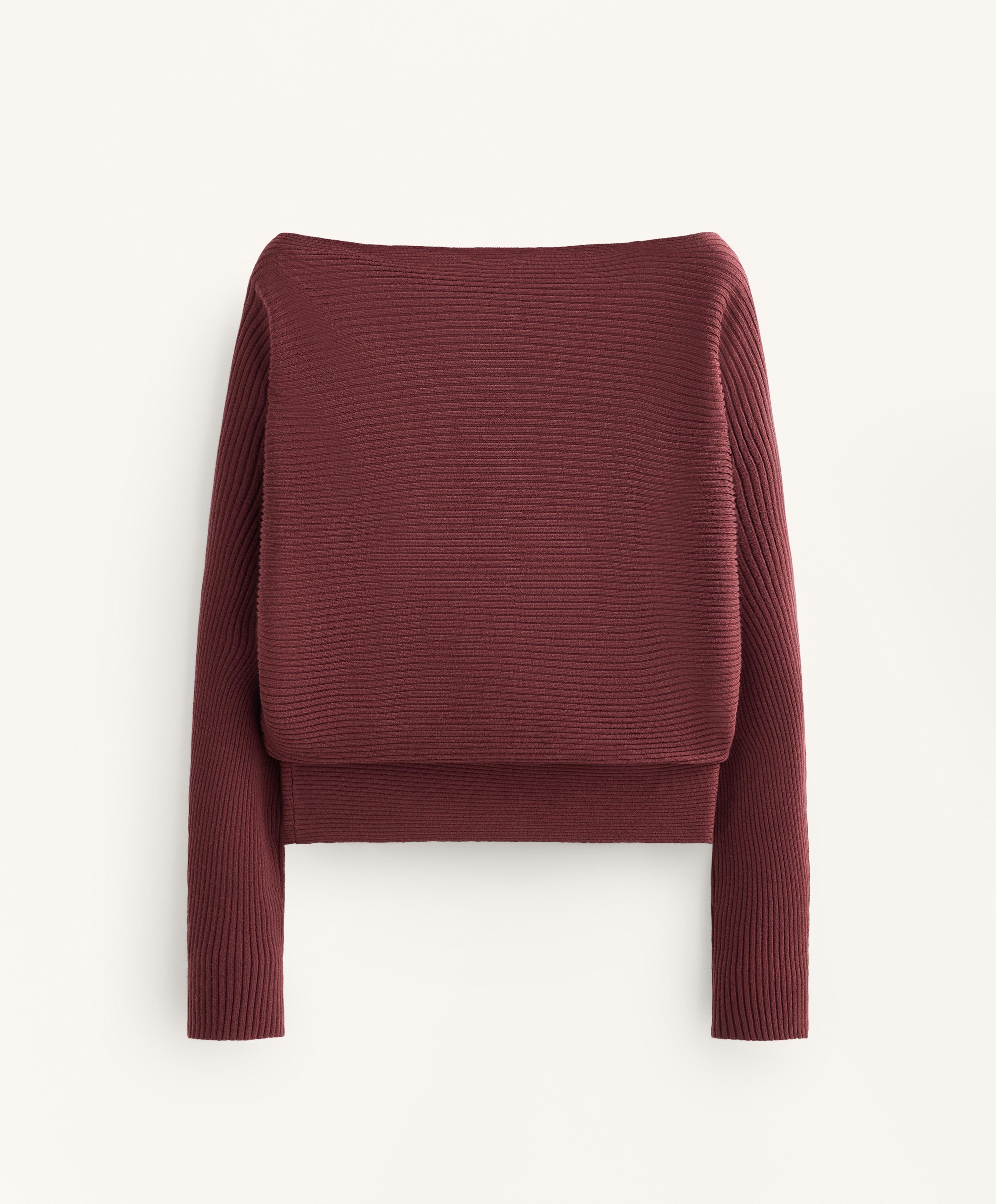 Off-shoulder geribbelde gebreide trui