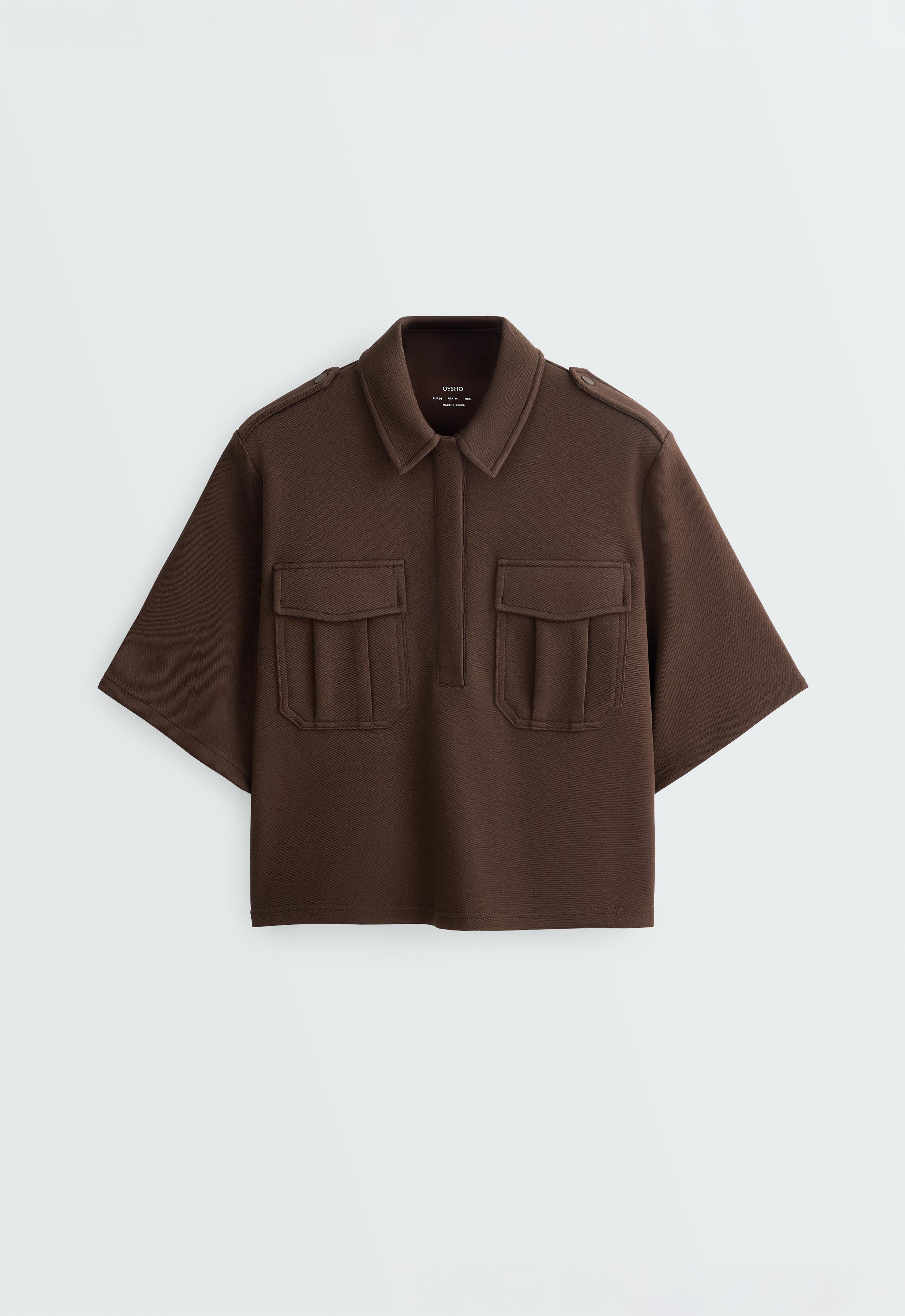 Utility short-sleeve sweatshirt with cotton piqué — DARK BROWN