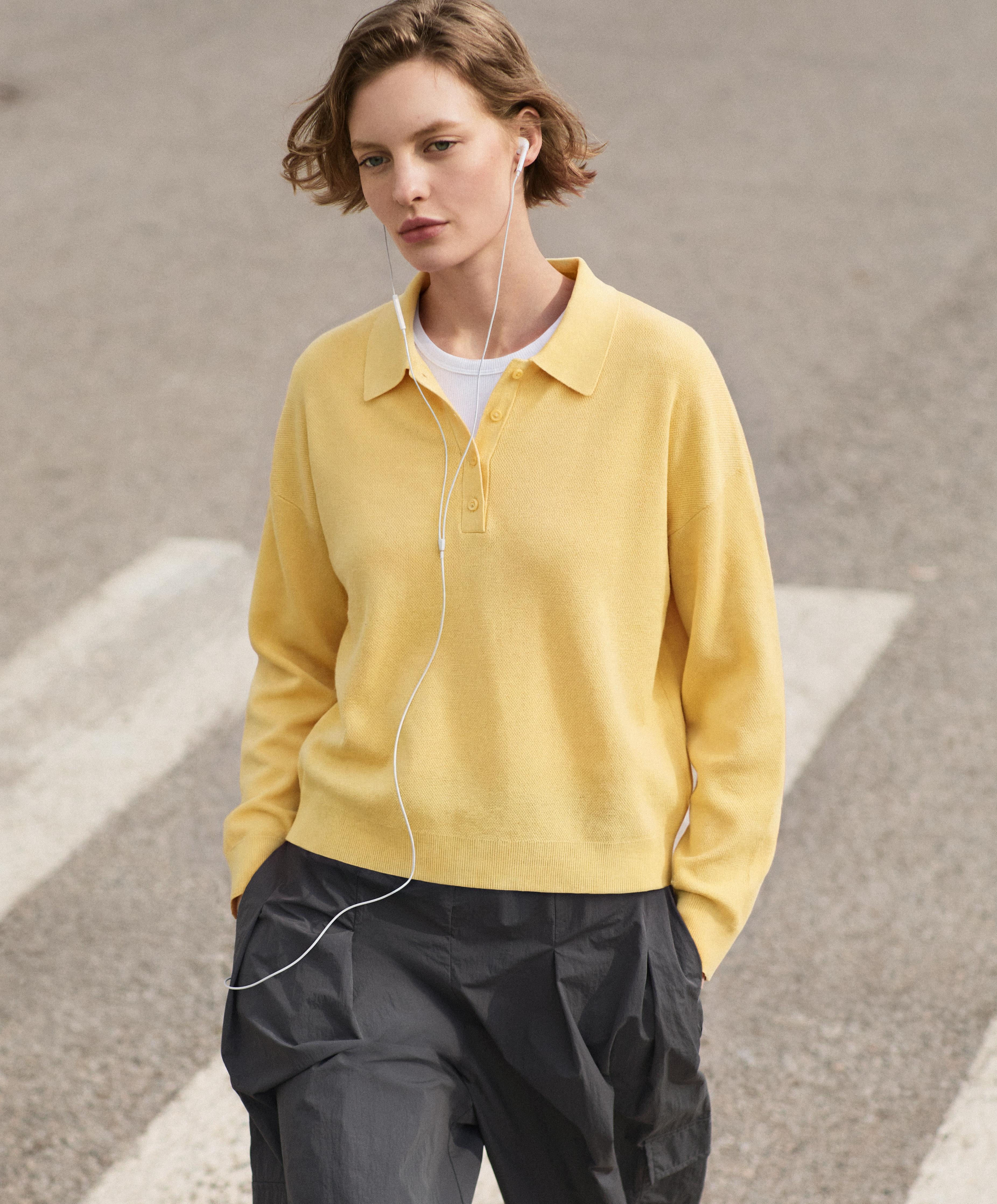 Button-up knit polo shirt — MID-YELLOW
