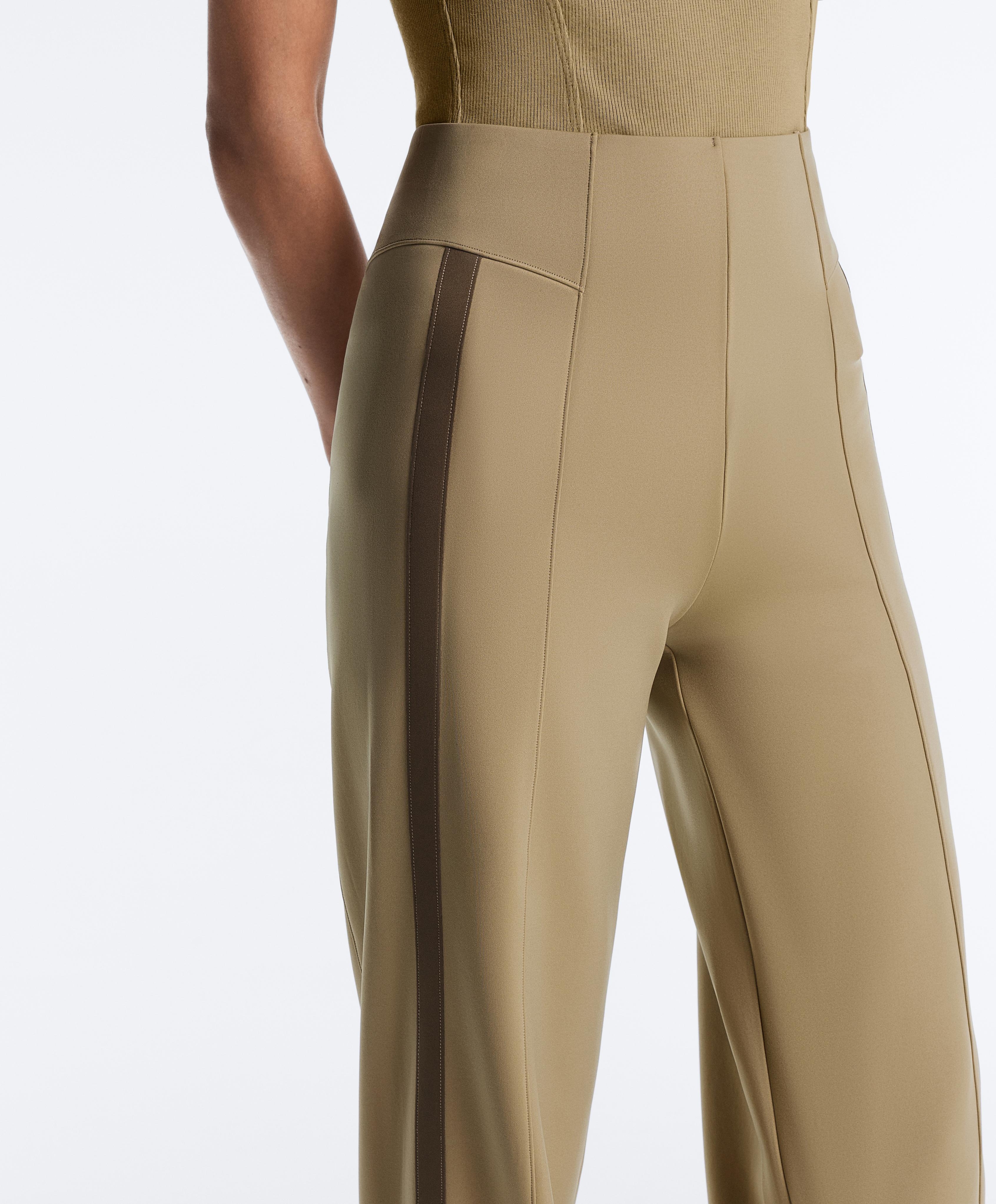 High rise neoprene-effect straight-leg trousers with piping — GREEN BEIGE