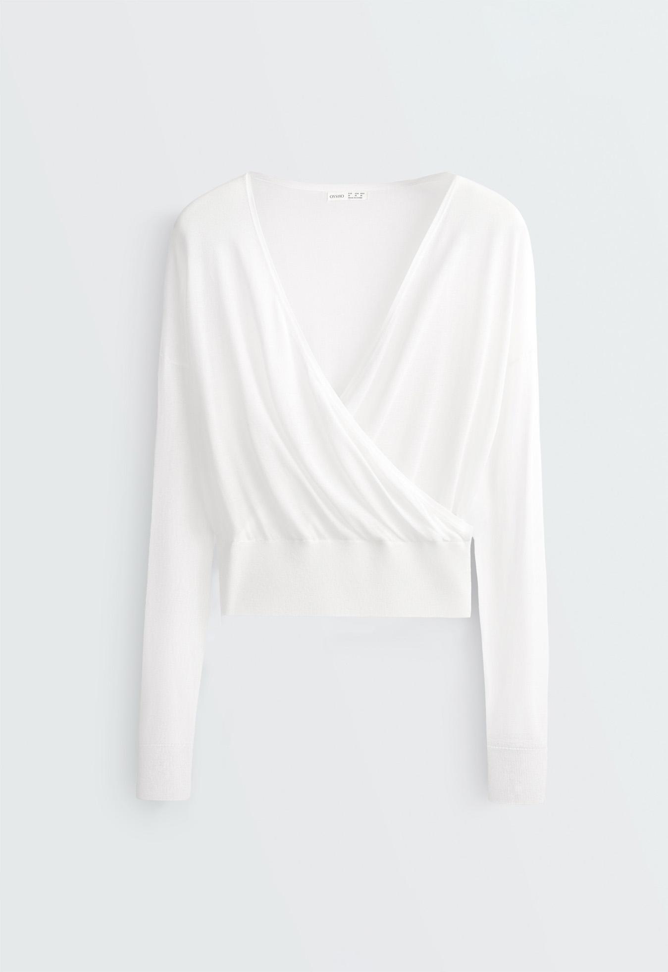 Lyocell blend sheer cross-over long sleeve T-shirt — WHITE 