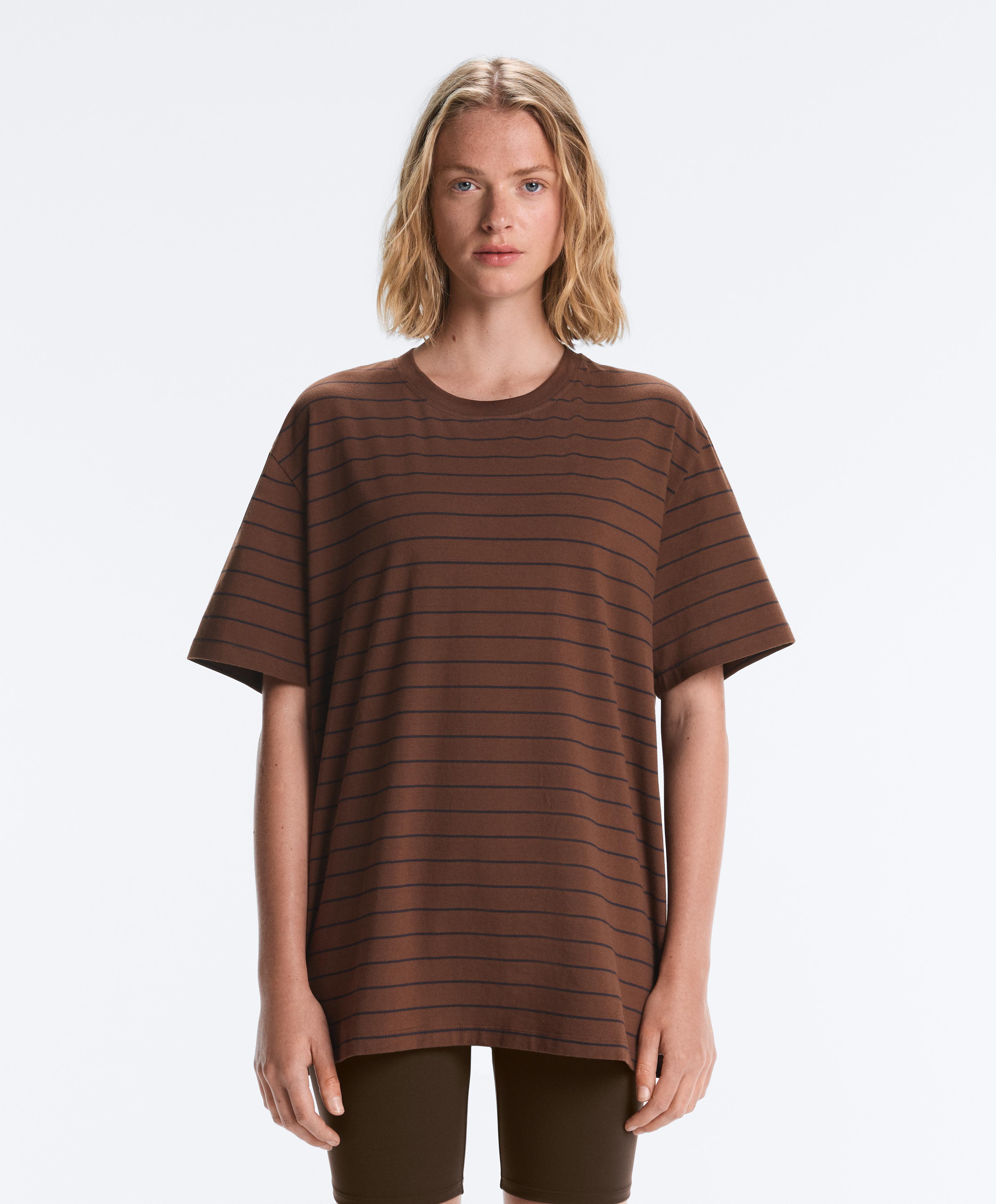 Oversize striped cotton blend short sleeve T-shirt — DARK BROWN