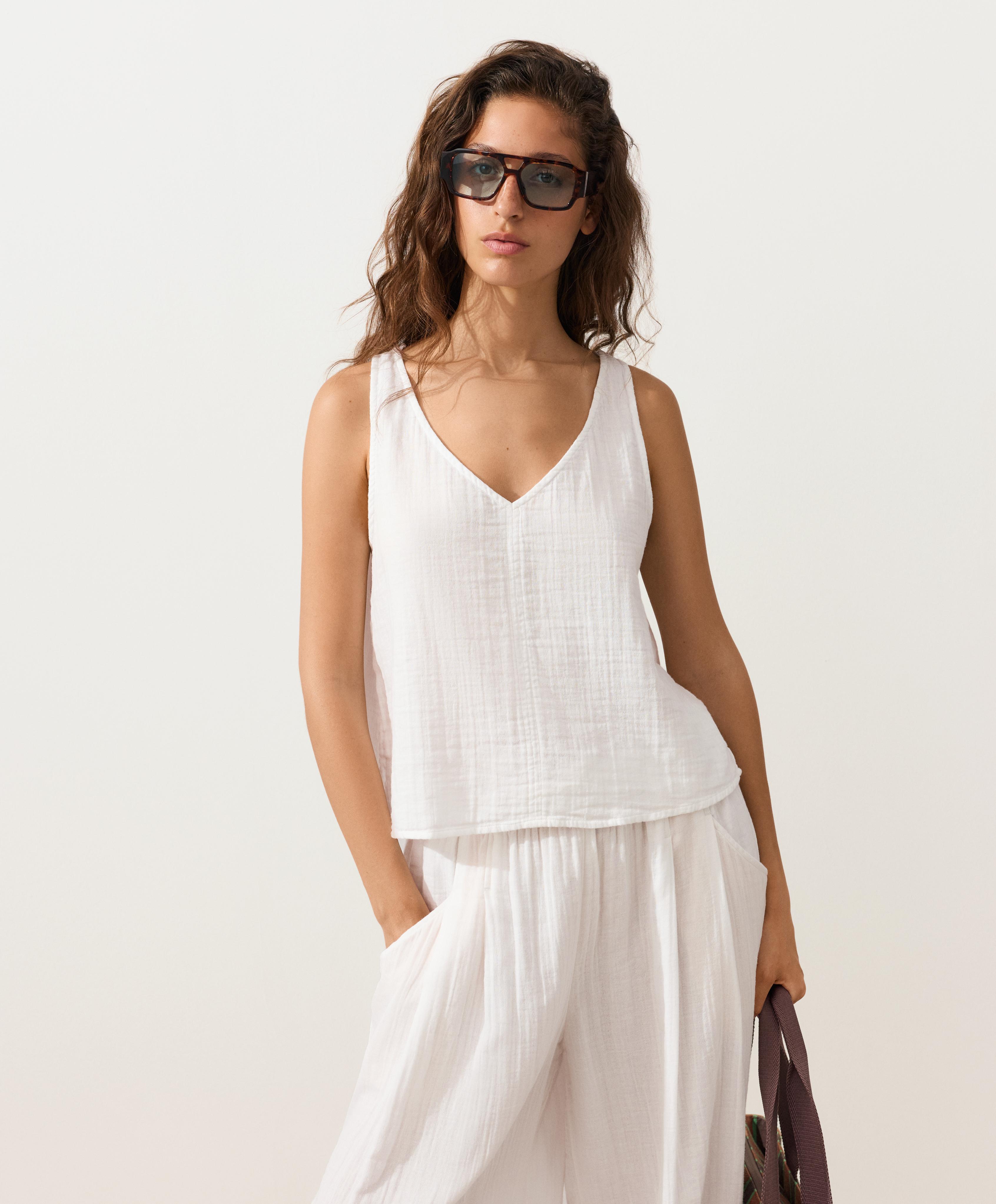 100% cotton gauze V-neck strappy top — WHITE