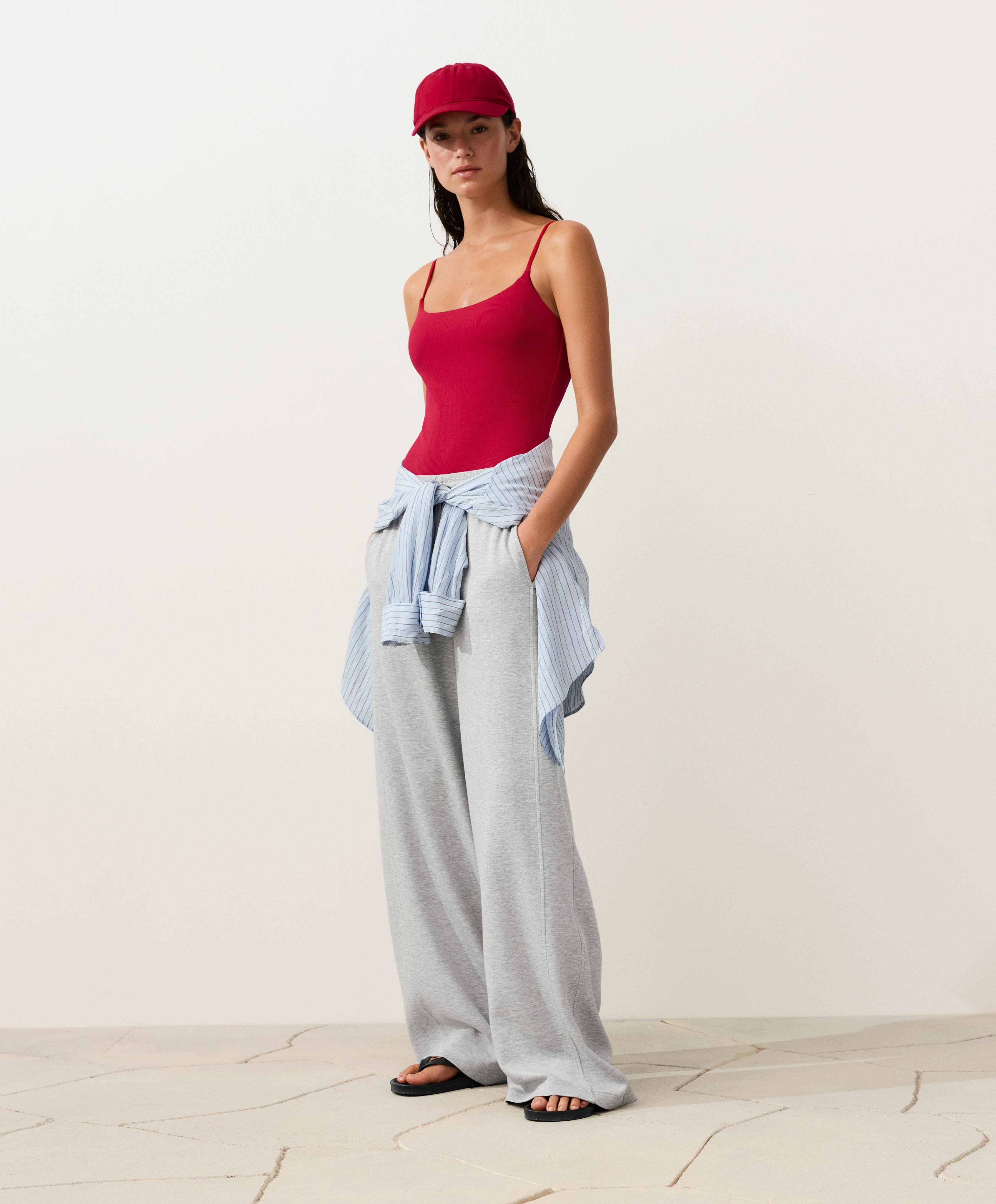 Piqué round neck swimsuit — BRIGHT RED