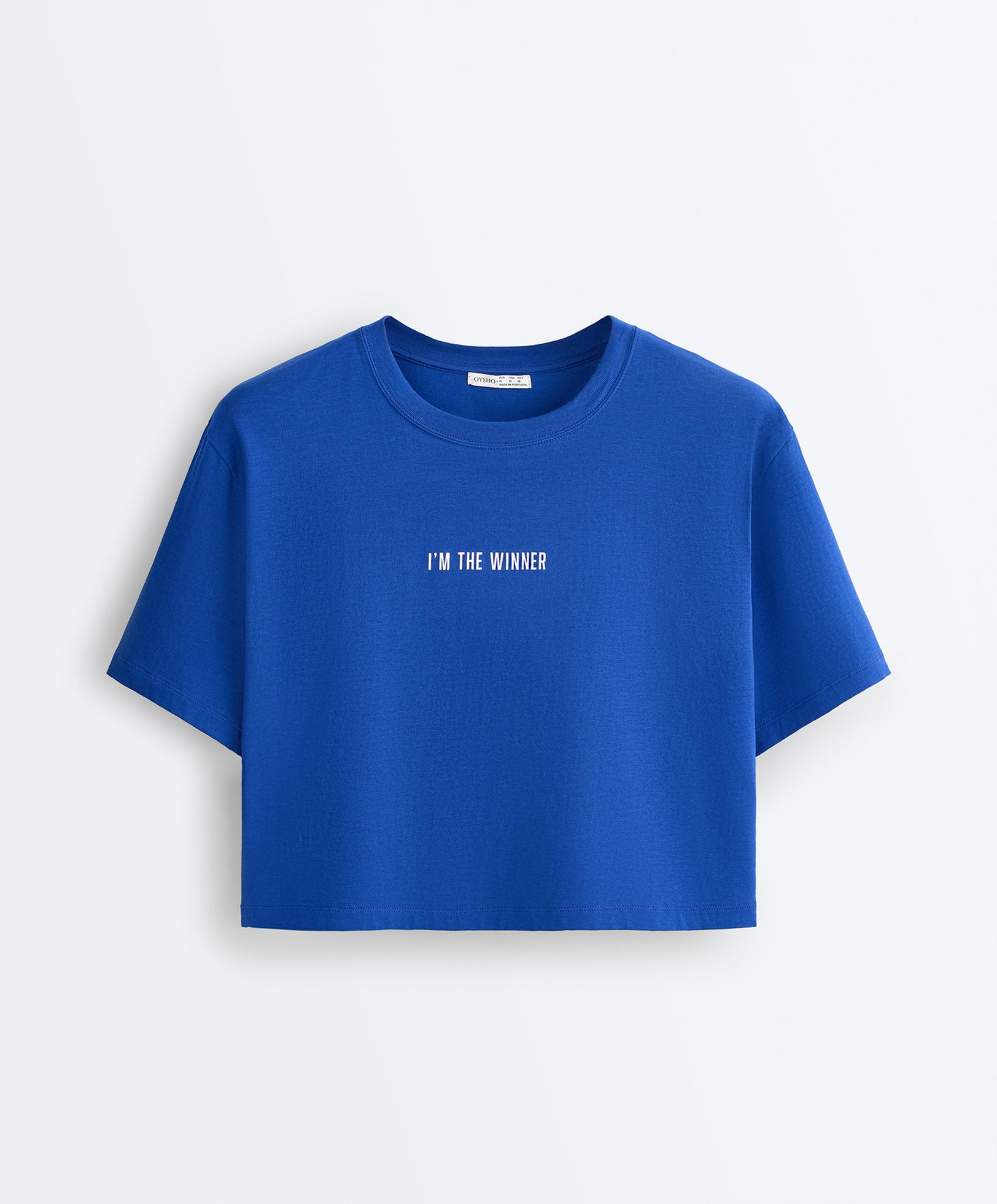 Boxy cropped cotton blend slogan T-shirt — ELECTRIC BLUE