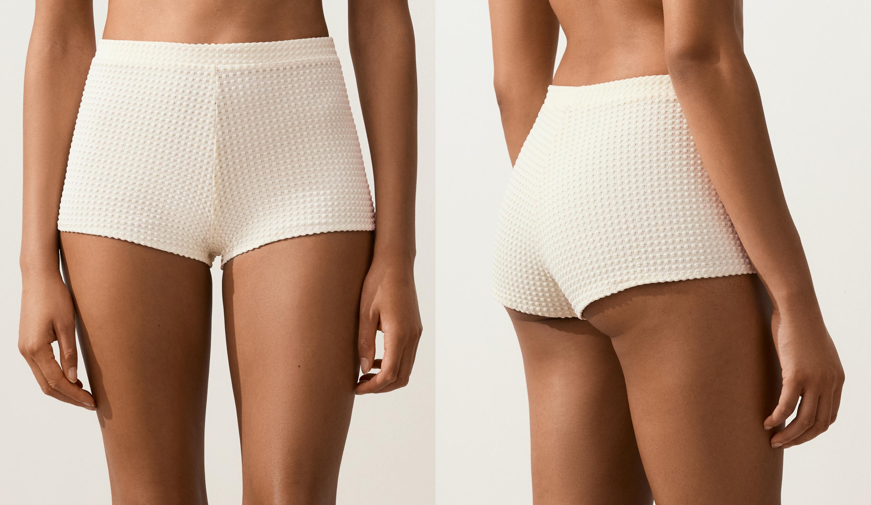 Bubble-texture crochet high-waisted bikini shorts — ECRU