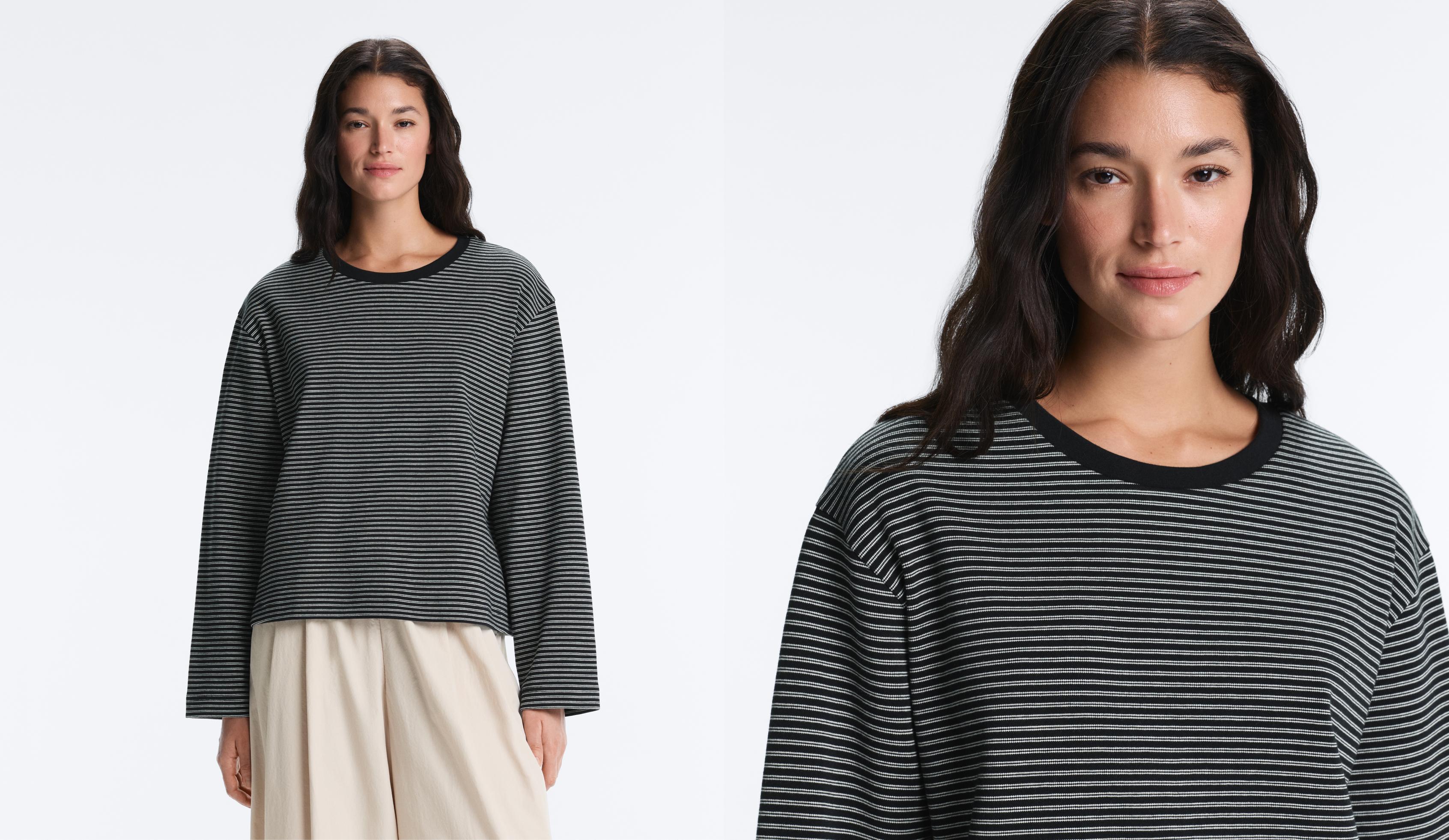 Striped cotton blend long sleeve relaxed T-shirt — BLACK