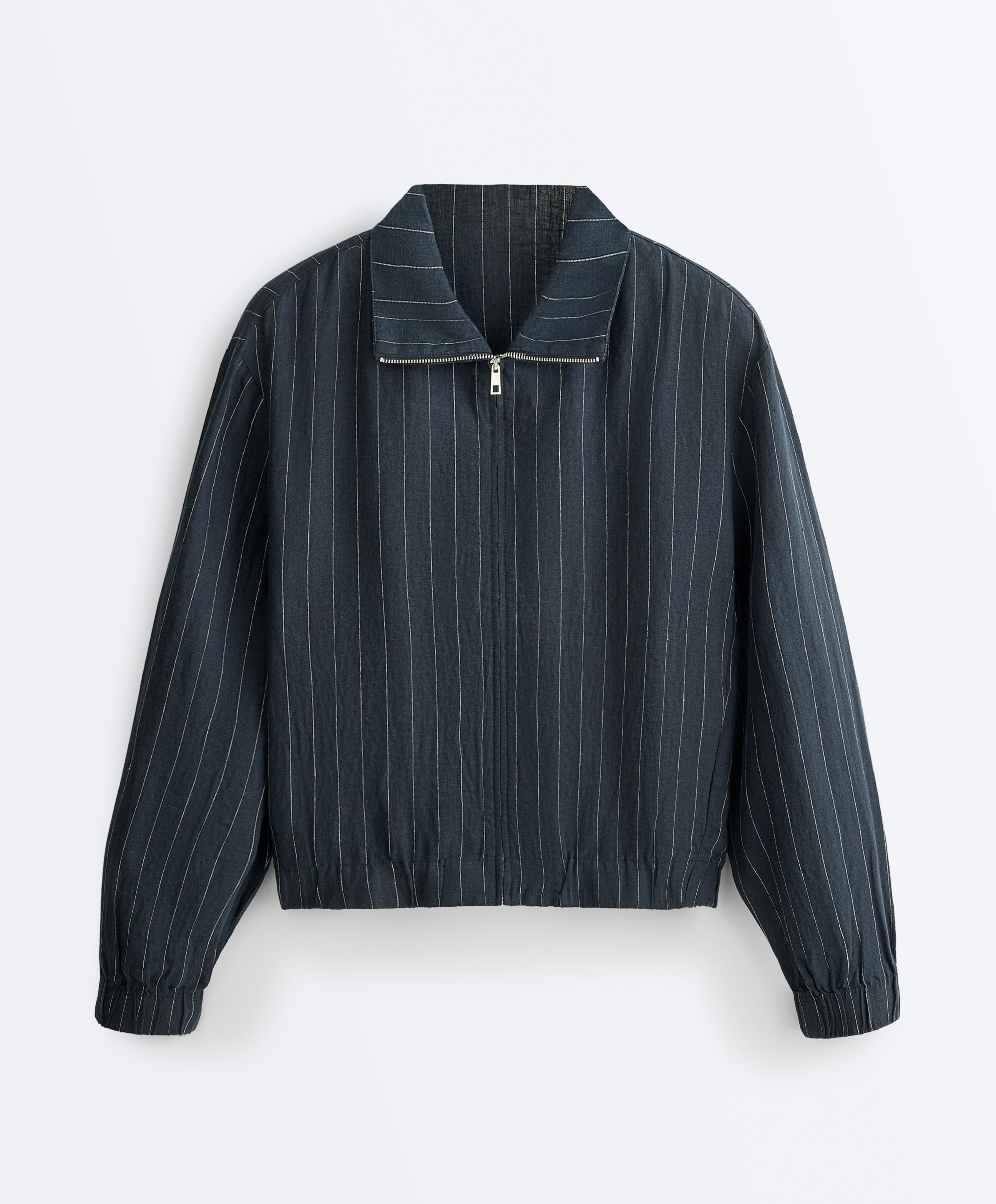 Pinstriped 100% linen high-neck jacket | OYSHO Iraq