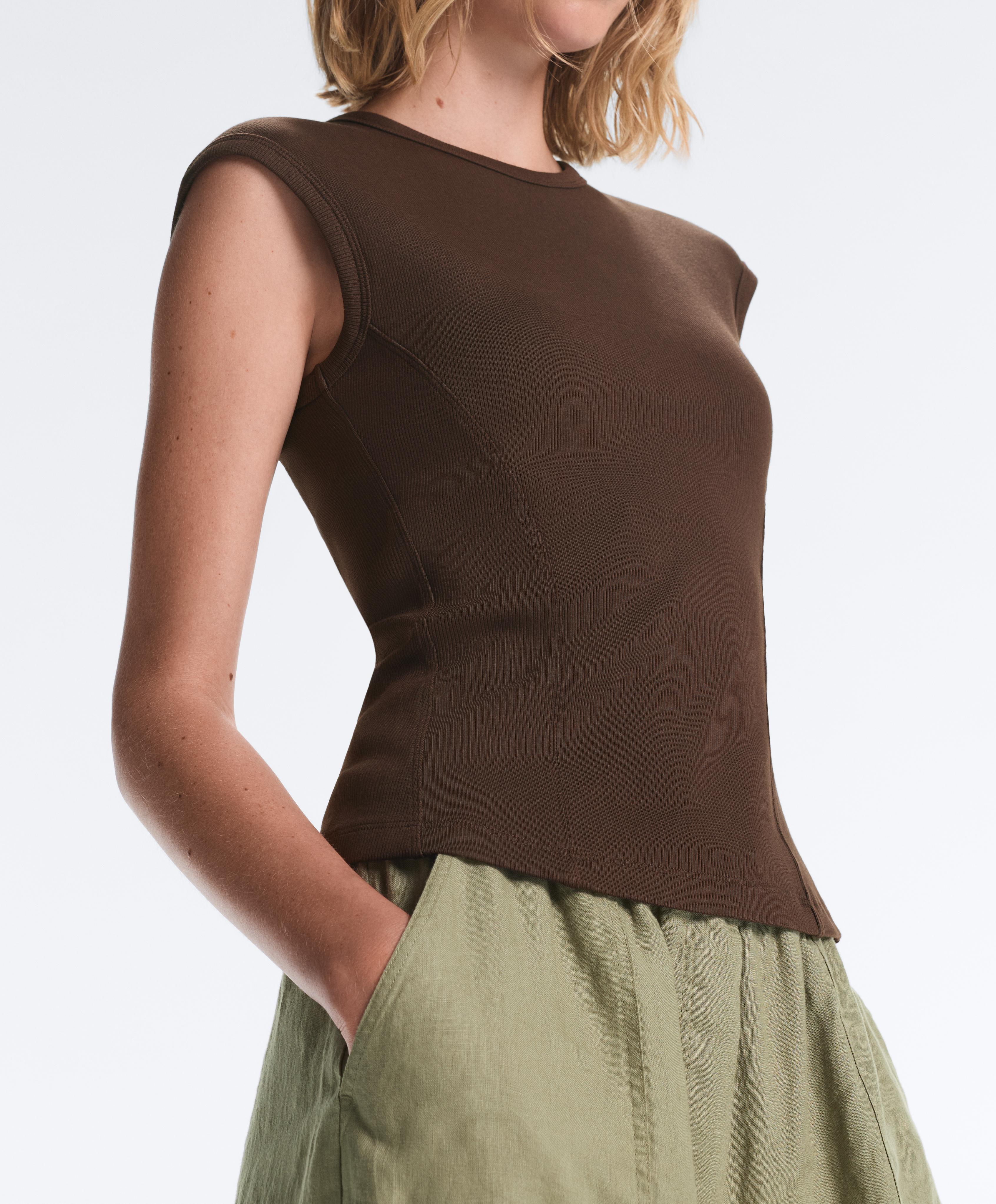 Short-sleeved rib top with cotton and modal — DARK BROWN