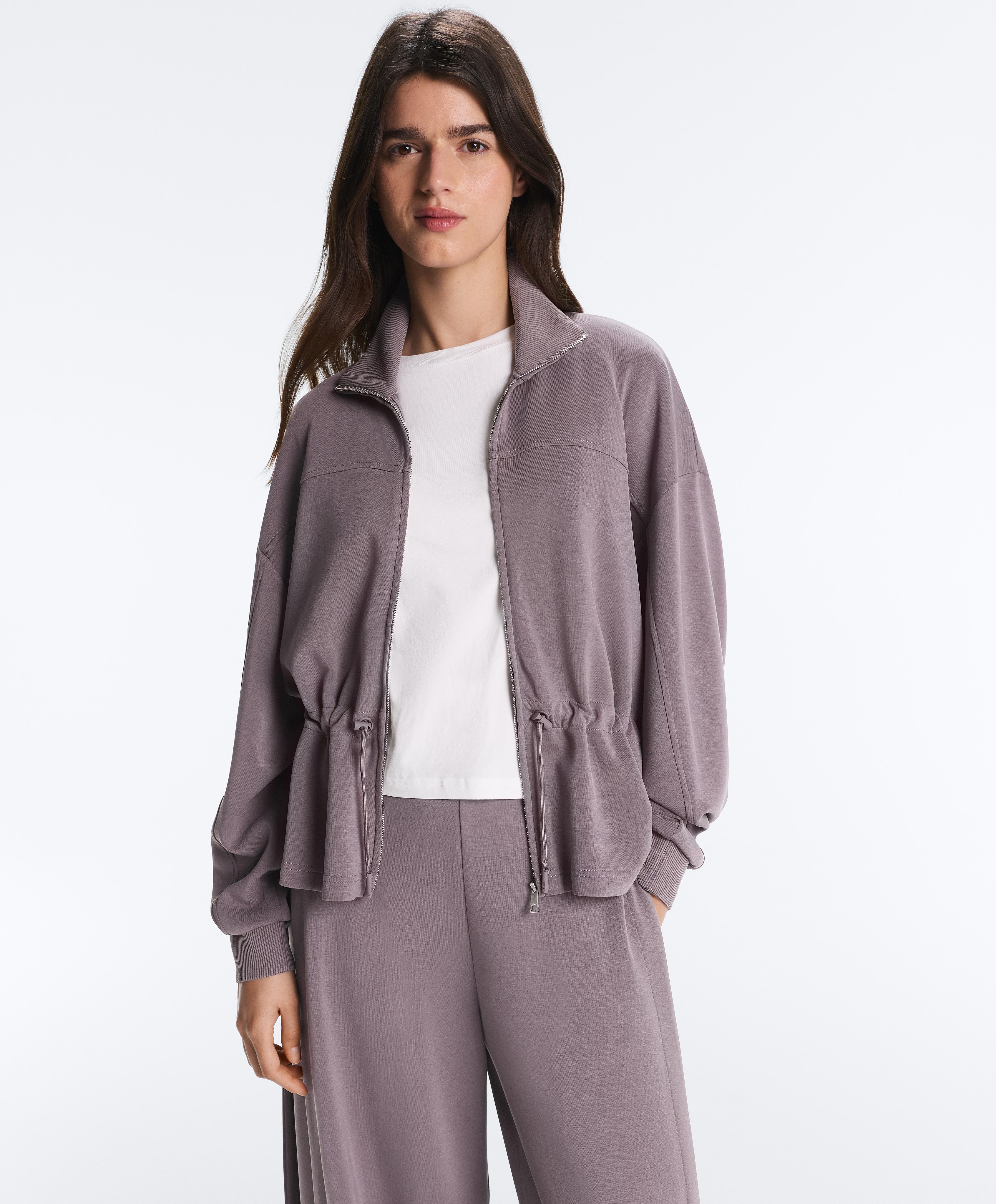 Soft-touch modal jacket with adjustable waist and high collar — GREY-LILAC