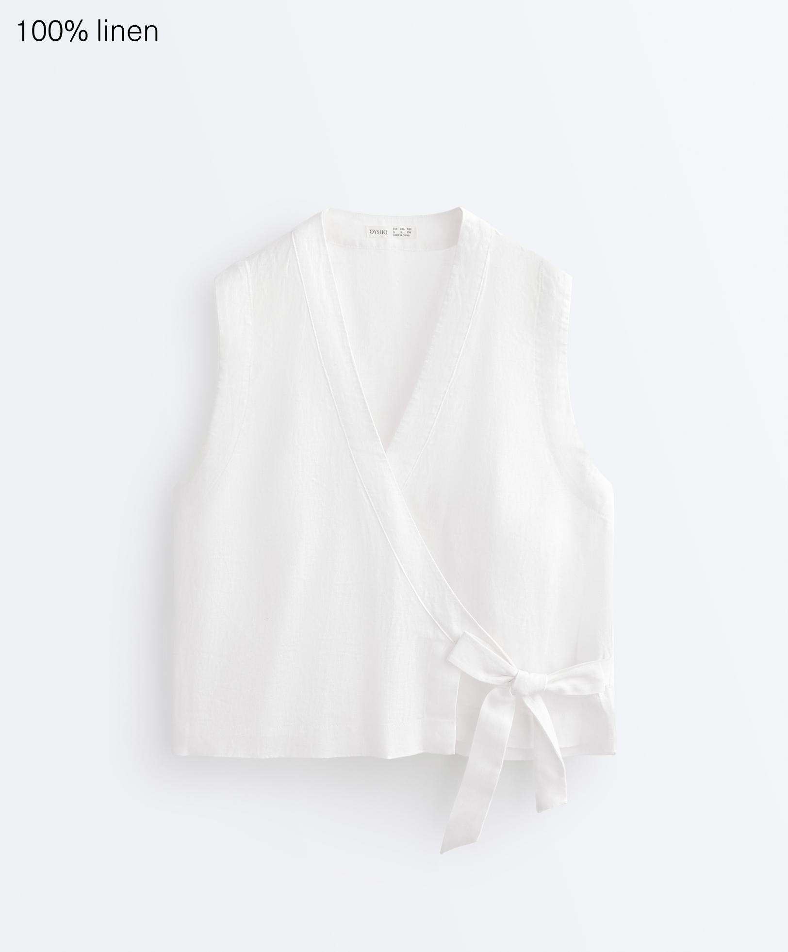 100% linen crossover top with tie fastening — WHITE