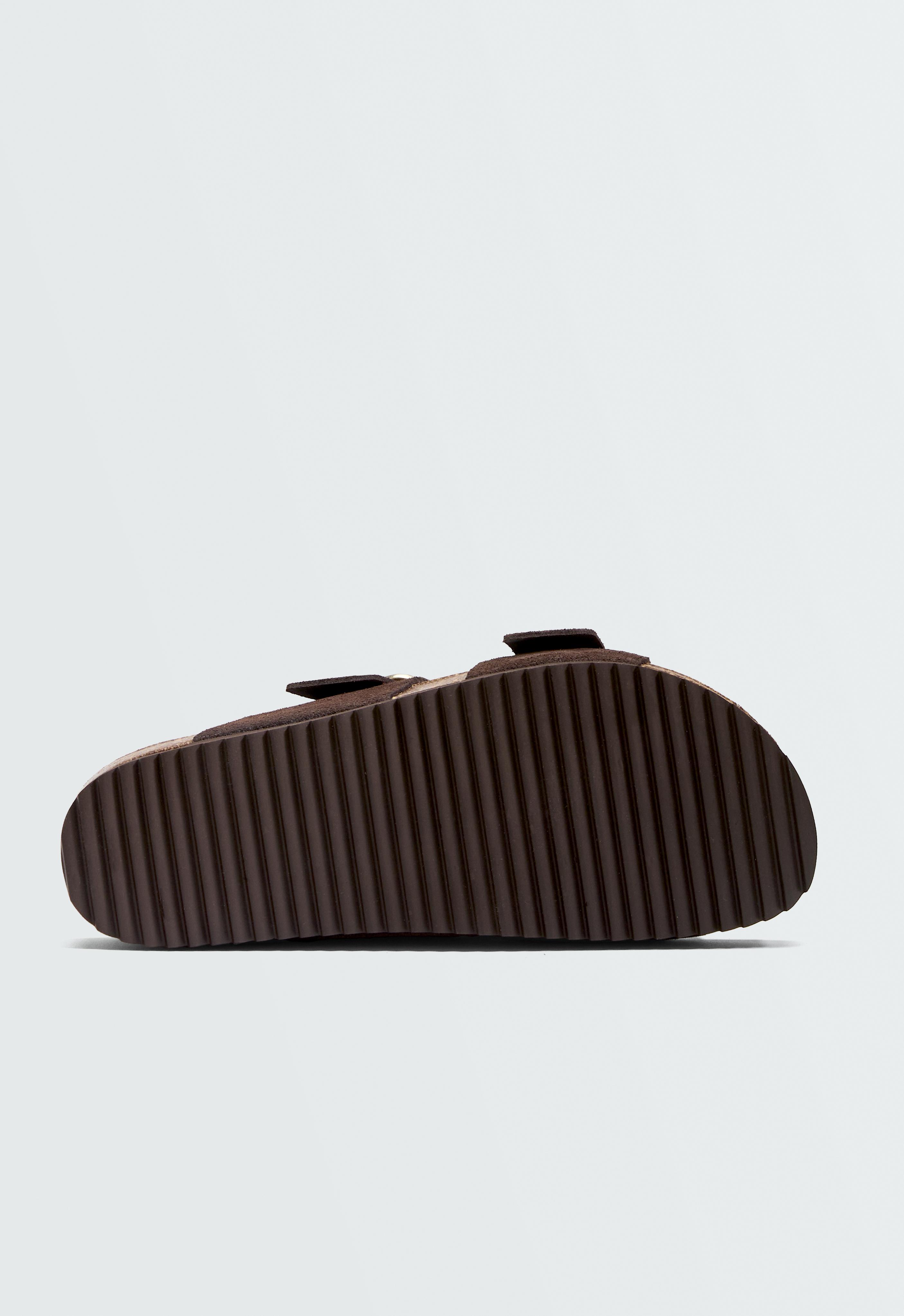 Buckle split-leather slides — BROWN