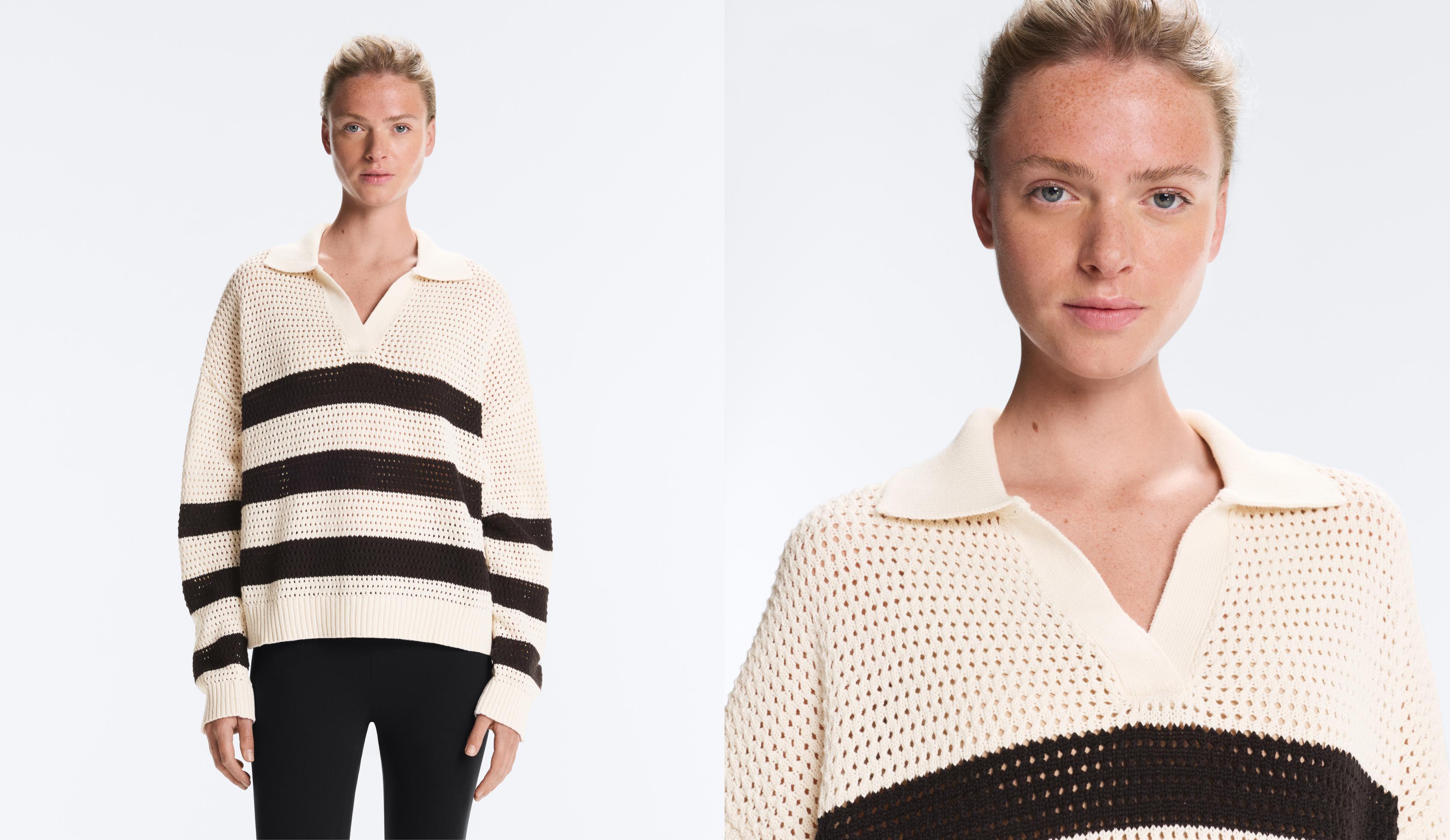 100% cotton striped open knit long-sleeve polo shirt — ECRU