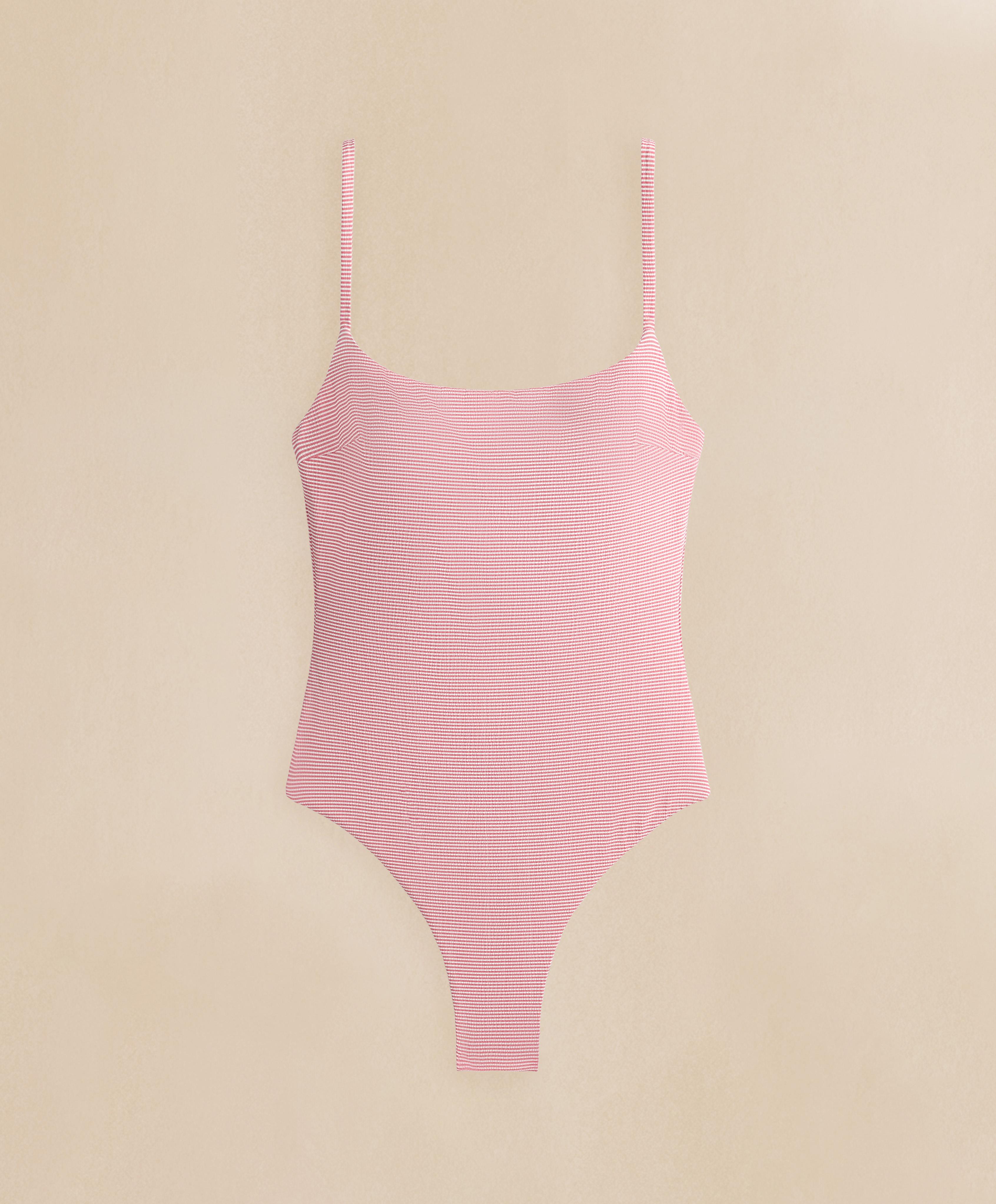 Stripe round neck swimsuit — RED