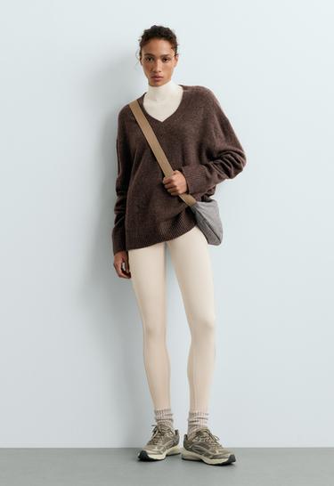 Ankle-length High rise Warm leggings with zips 70cm — ECRU 1