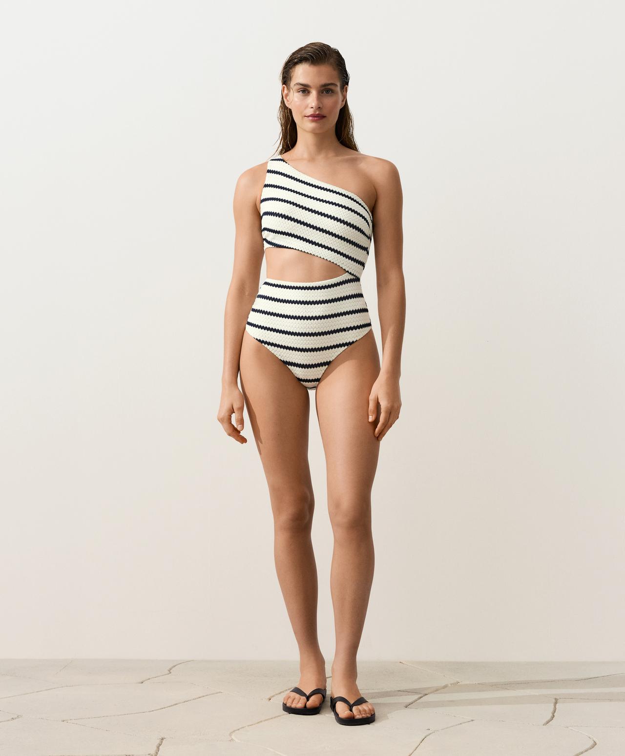 Crochet stripe asymmetric trikini — PALE ECRU