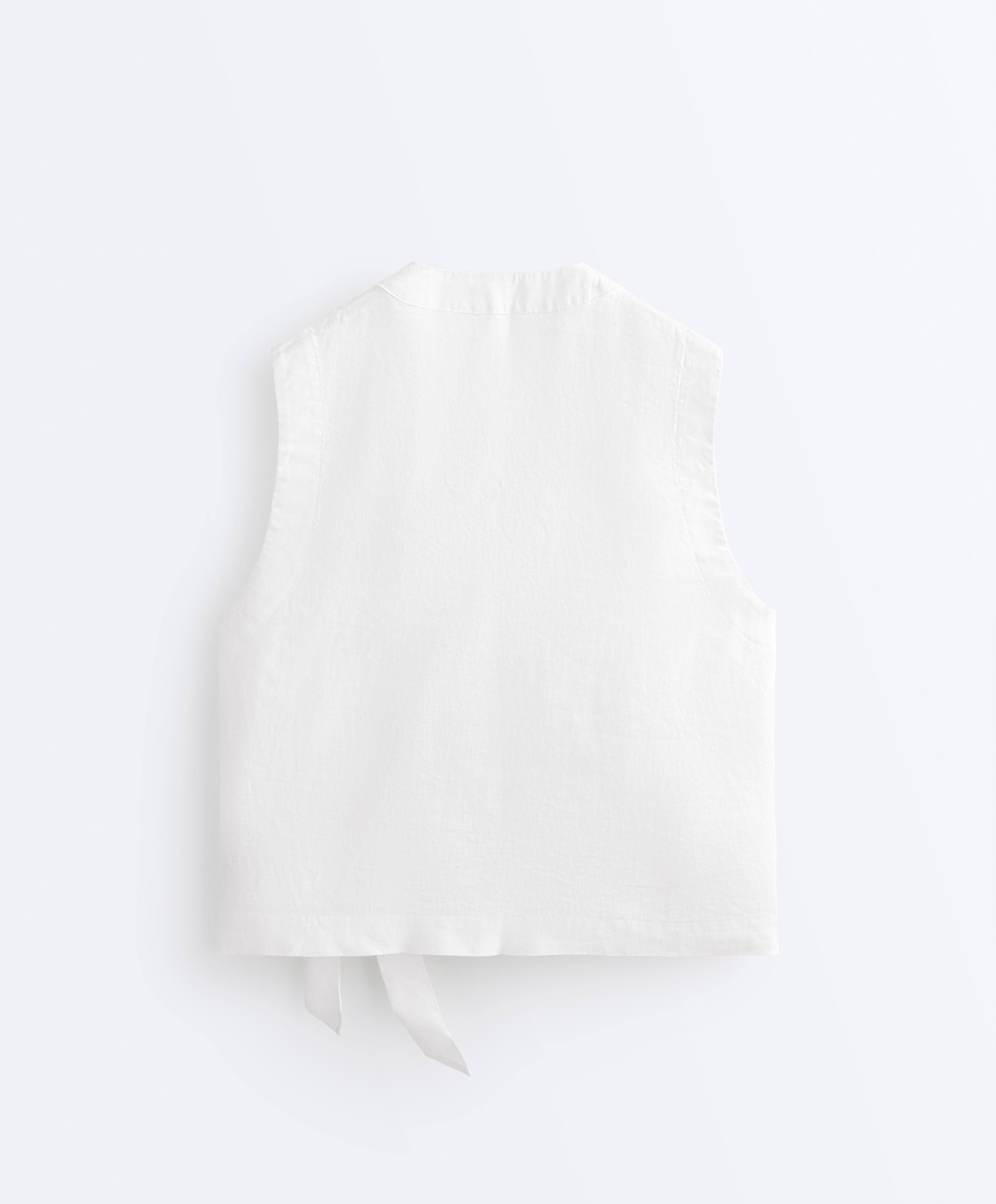 100% linen crossover top with tie fastening — WHITE 