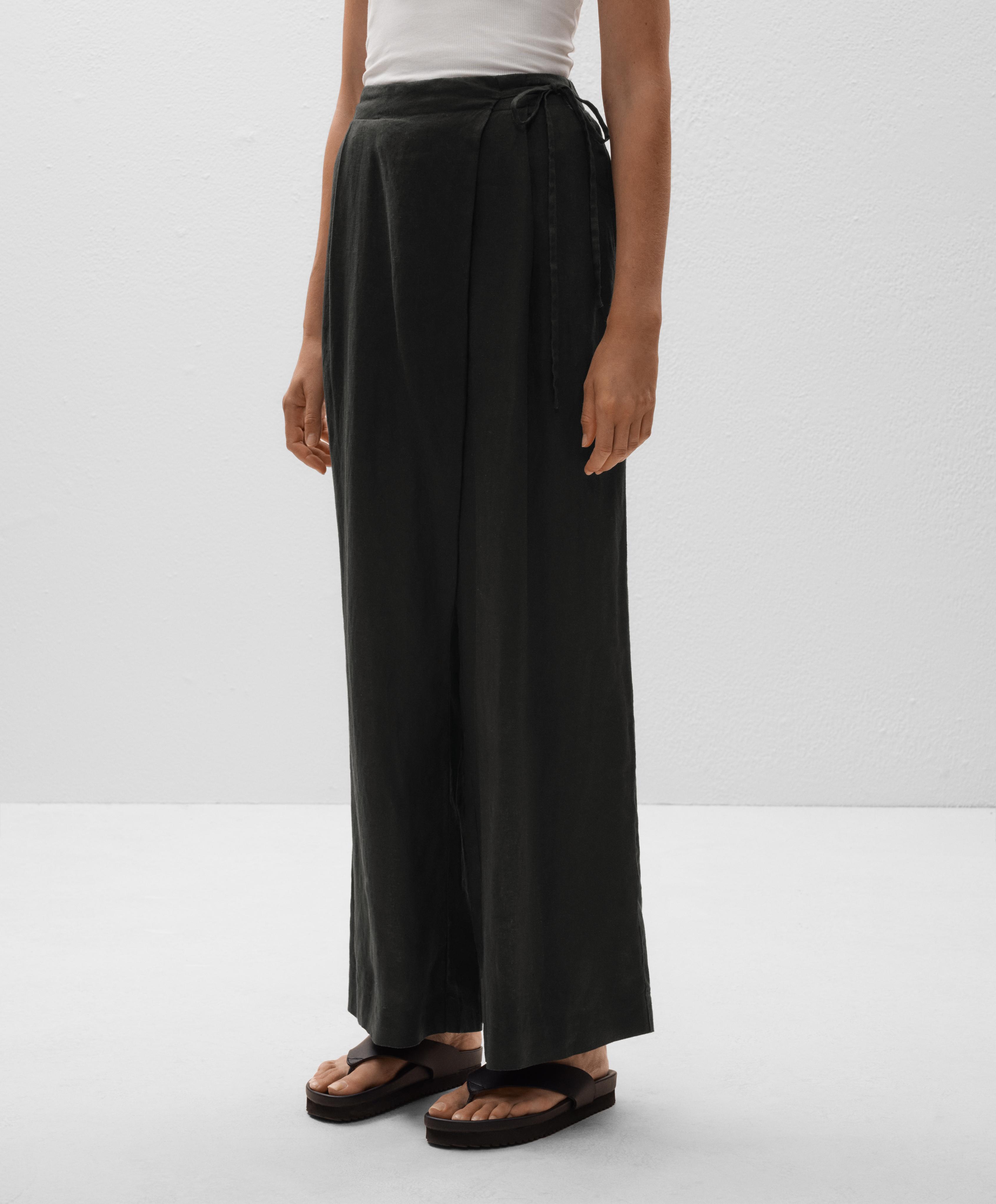 Pantalón recto ancho con pareo cruzado 100% lino Pantalón recto ancho con pareo cruzado 100% lino