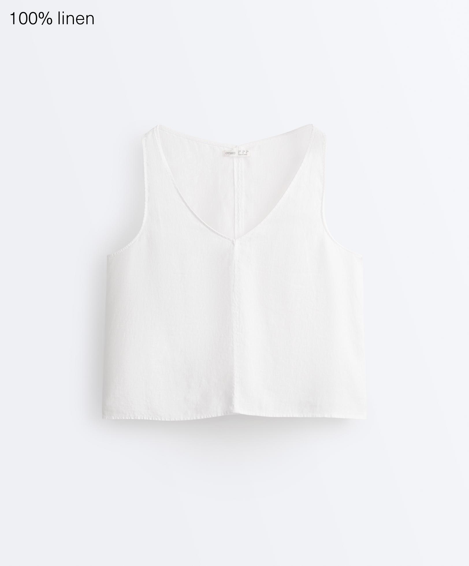 100% linen V-neck strap top — WHITE