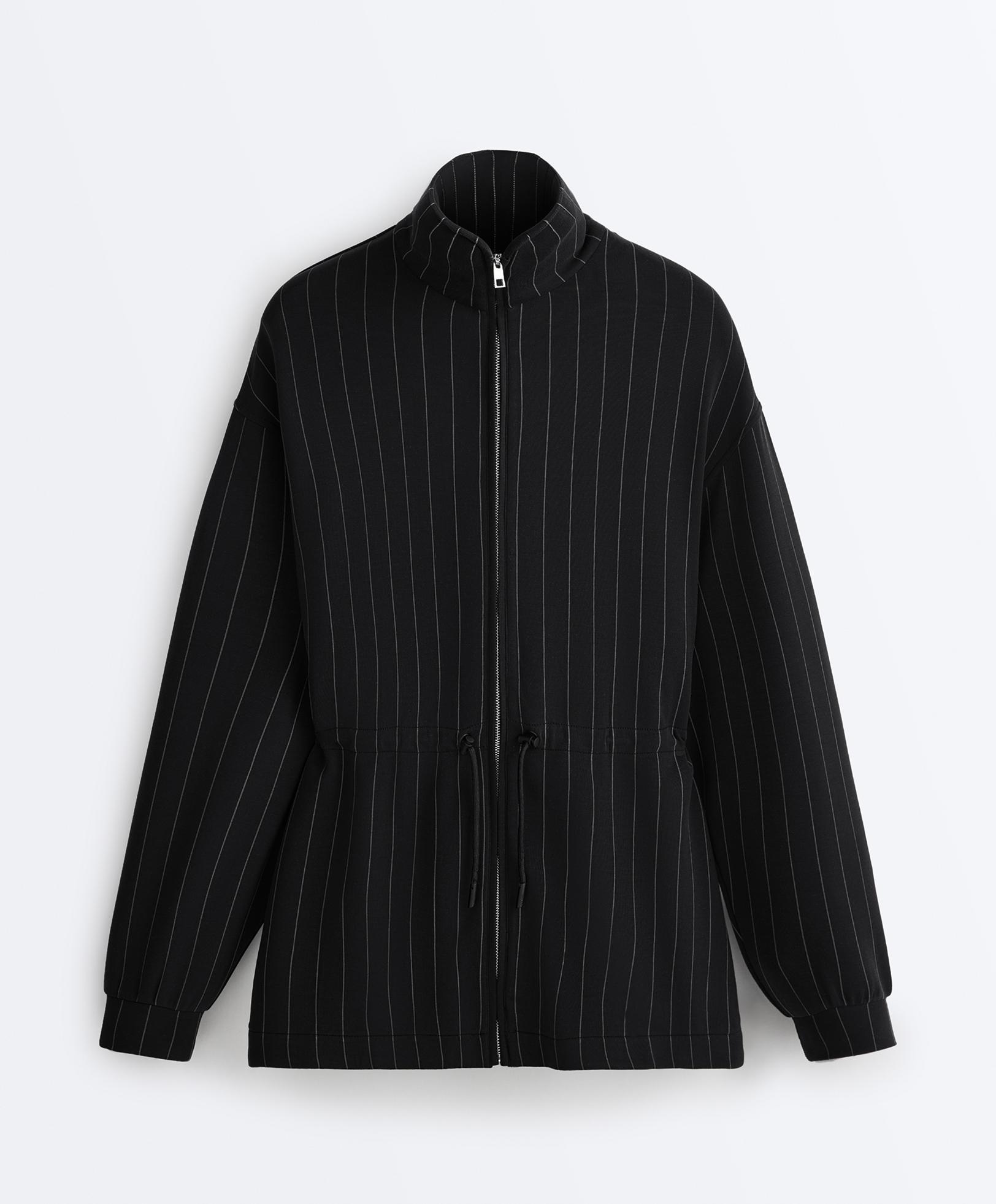 Long pinstripe jacket with adjustable waist and soft-touch modal — BLACK