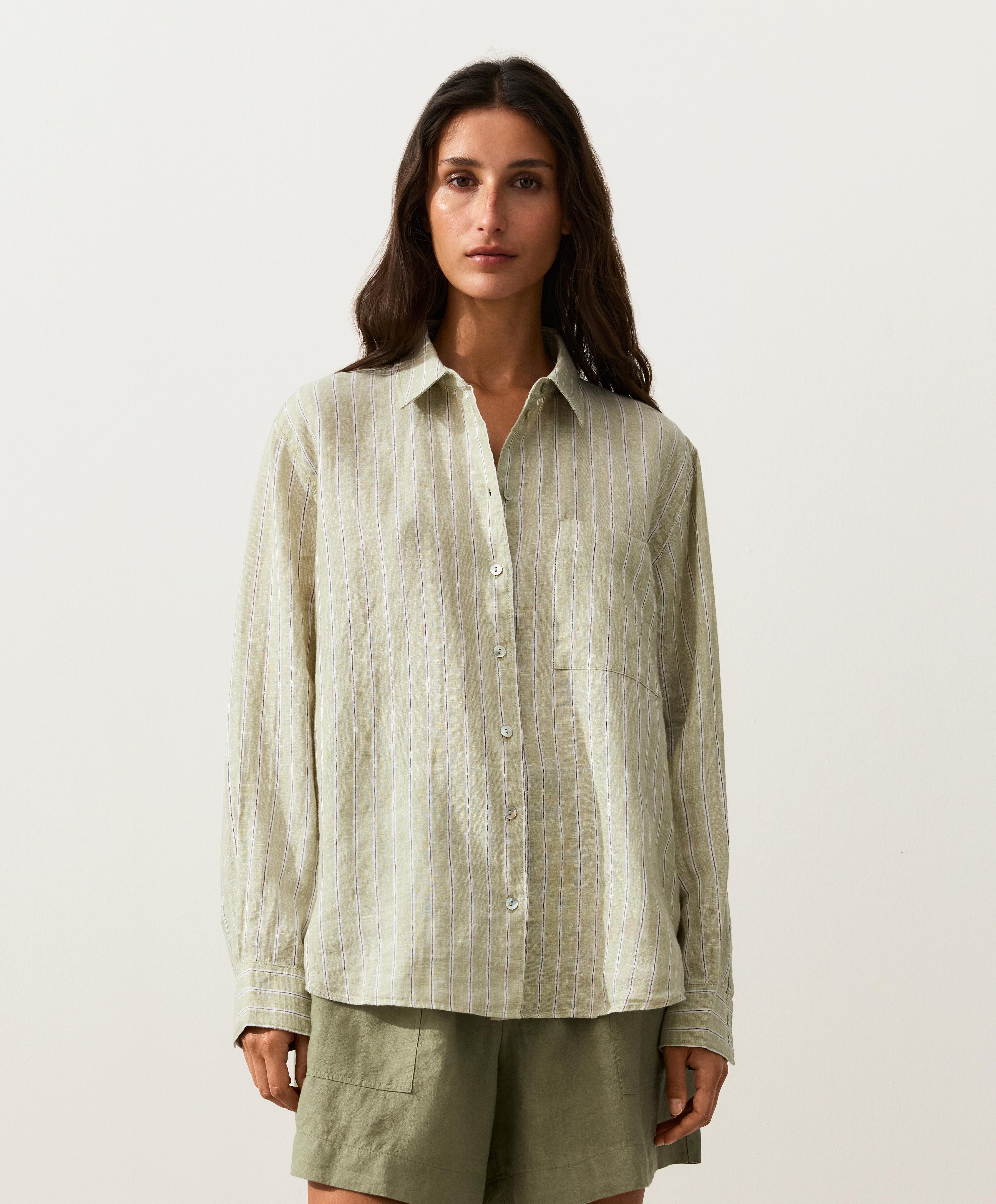 Striped 100% linen relaxed shirt — PALE PISTACHIO
