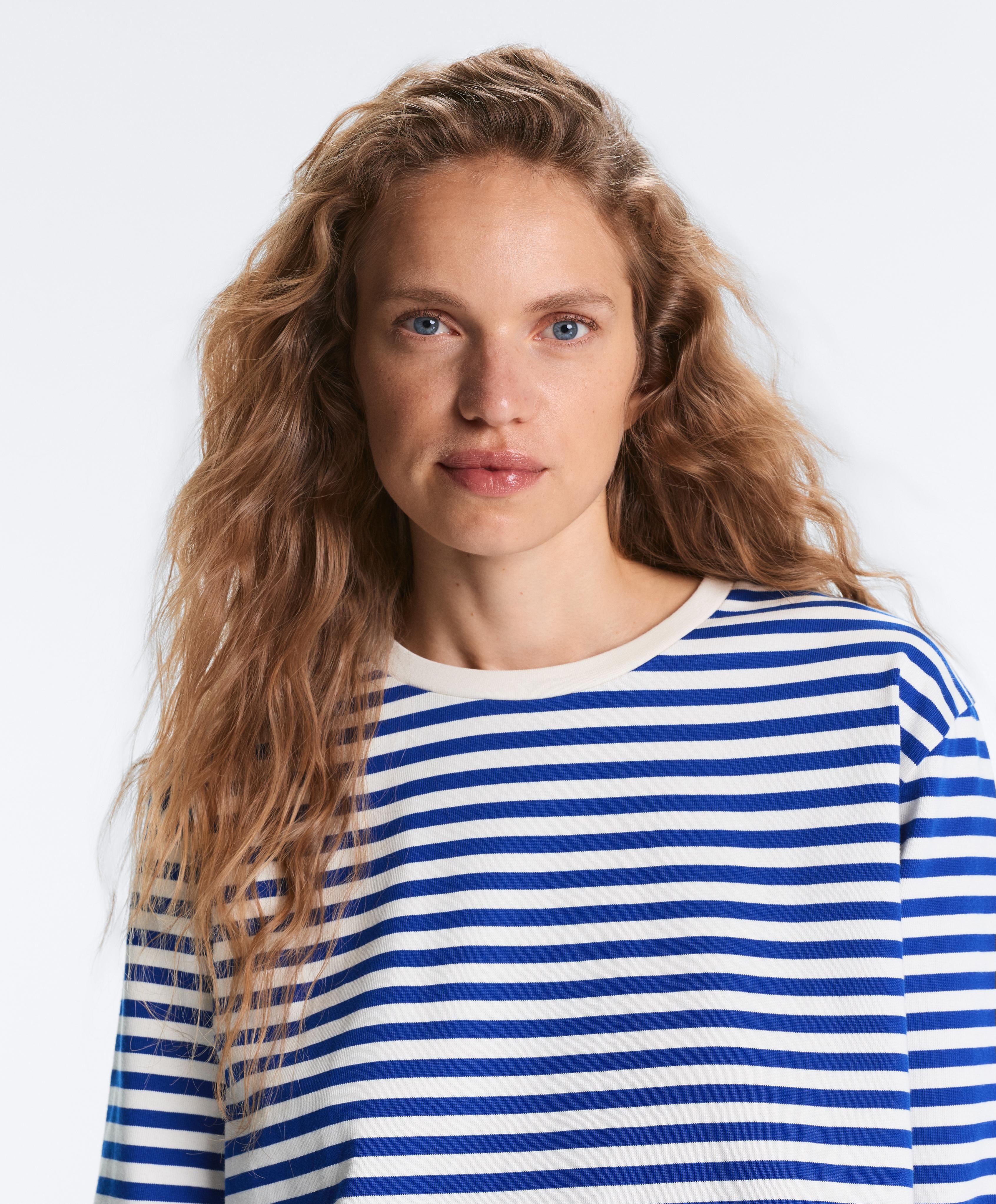Boxy long-sleeved stripe 100% cotton T-shirt — ELECTRIC BLUE