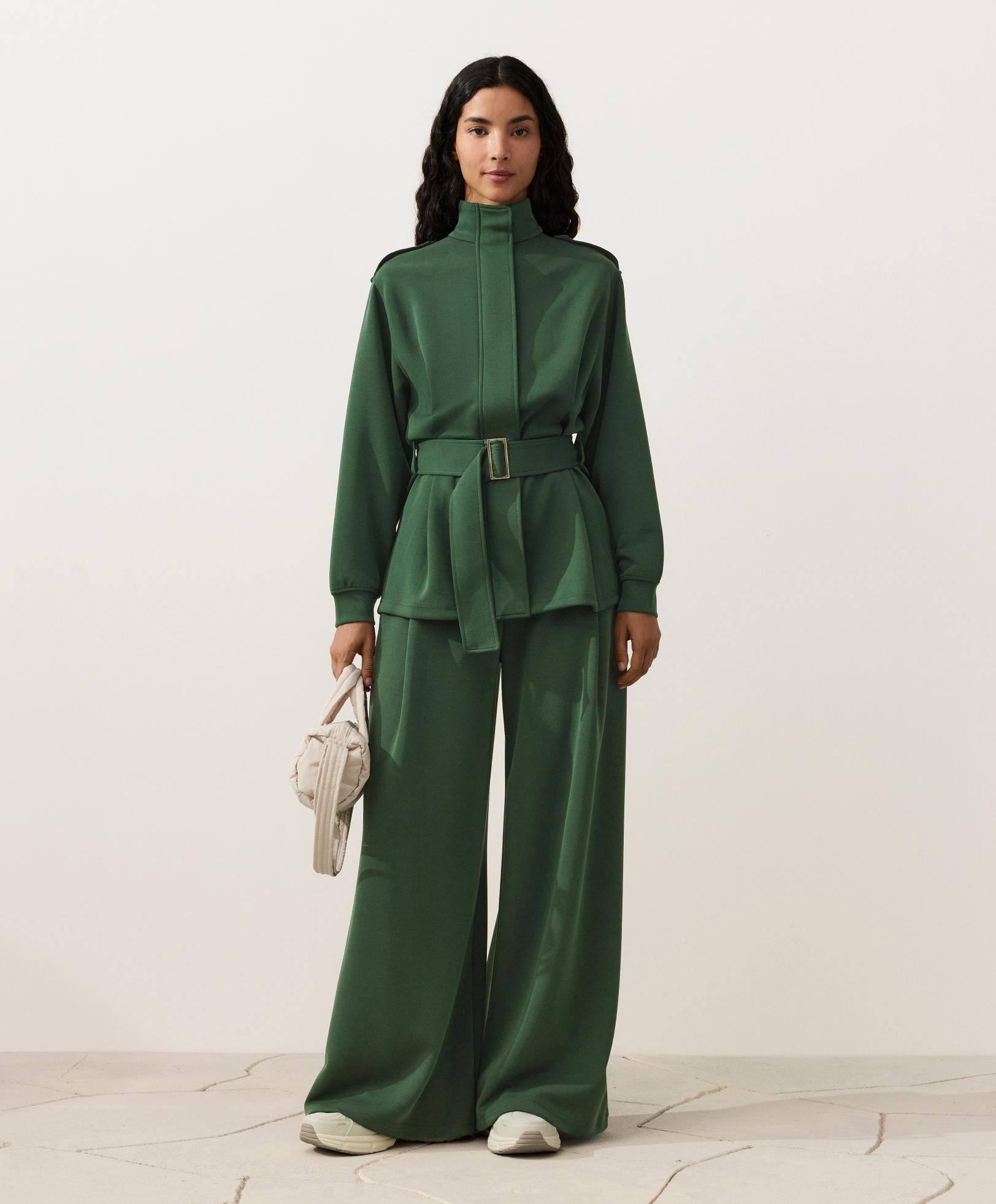 High rise twill wide-leg trousers with pleats — GREEN