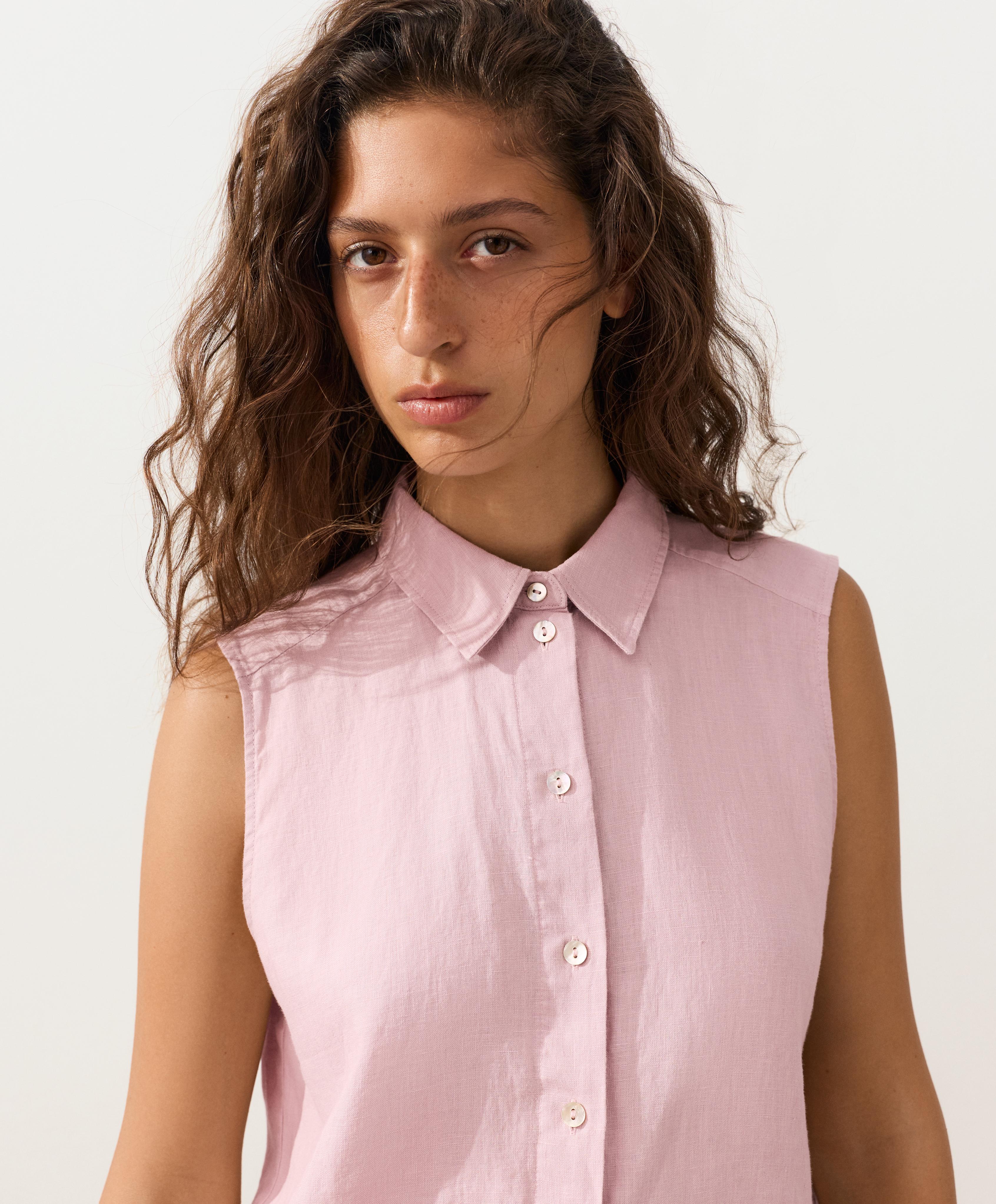 Sleeveless cropped 100% linen shirt — DUSTY PINK