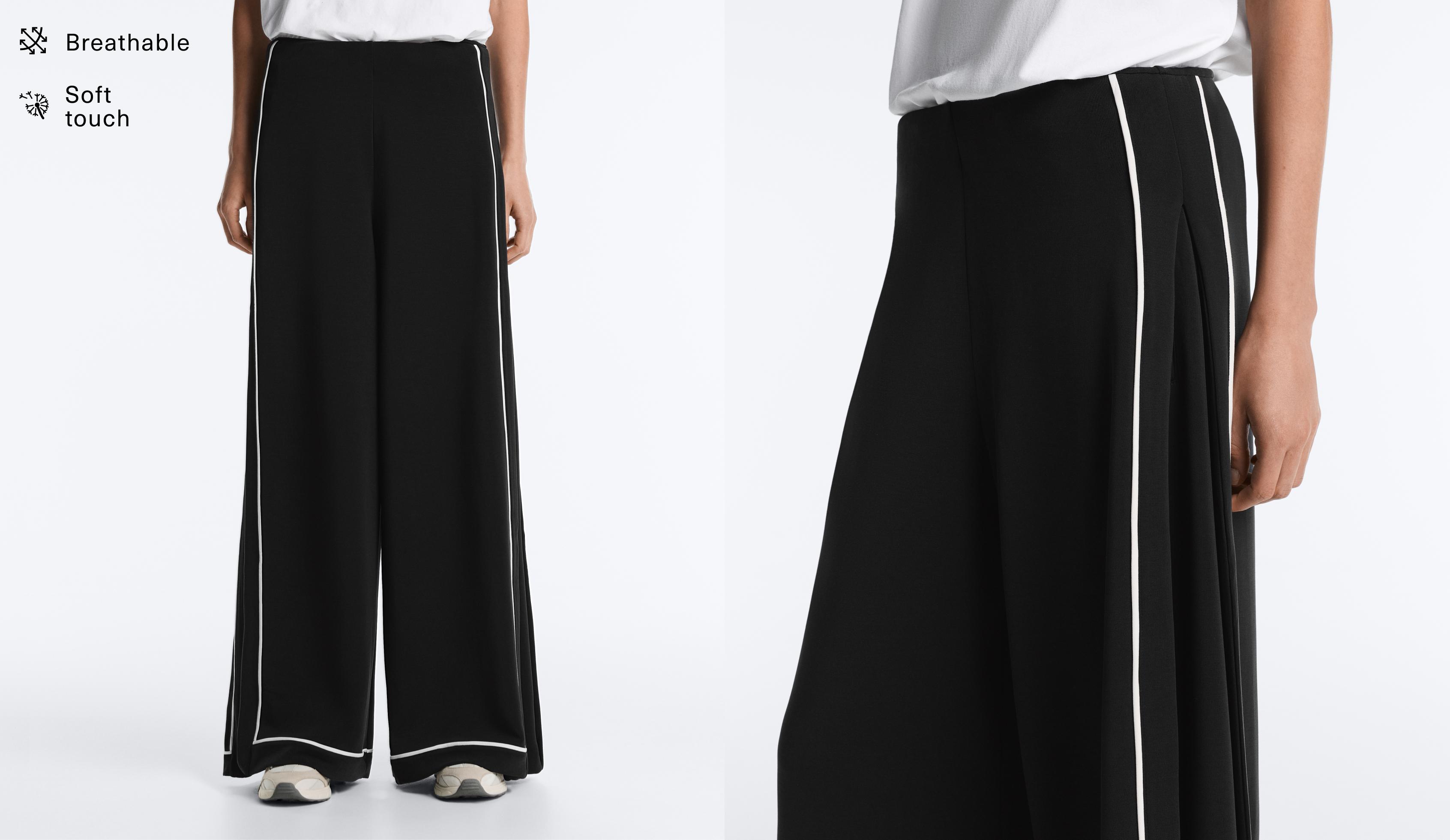Soft-touch modal wide-leg trousers with contrast piping — BLACK