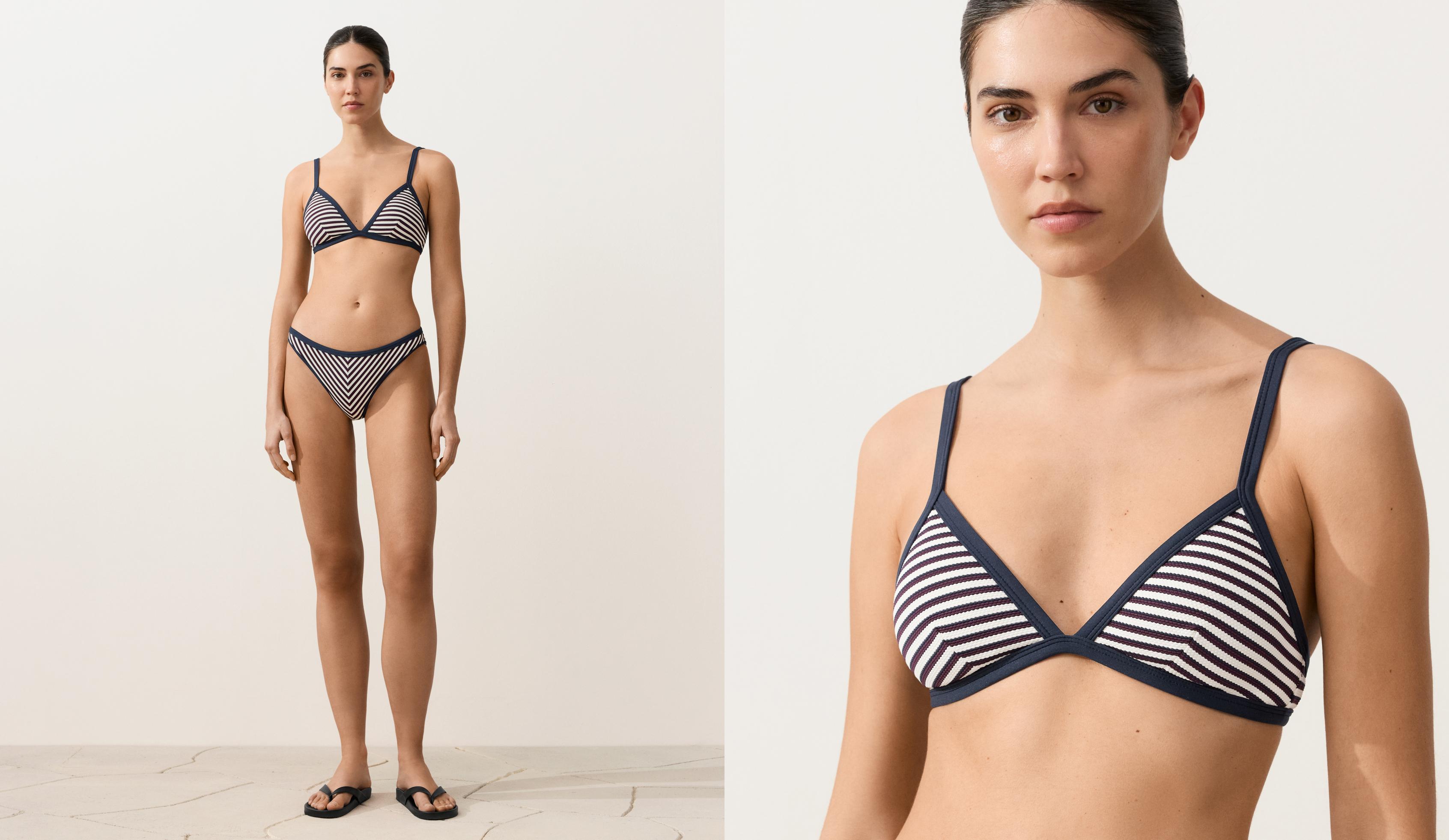 Trim textured stripe triangle bikini top — NAVY BLUE