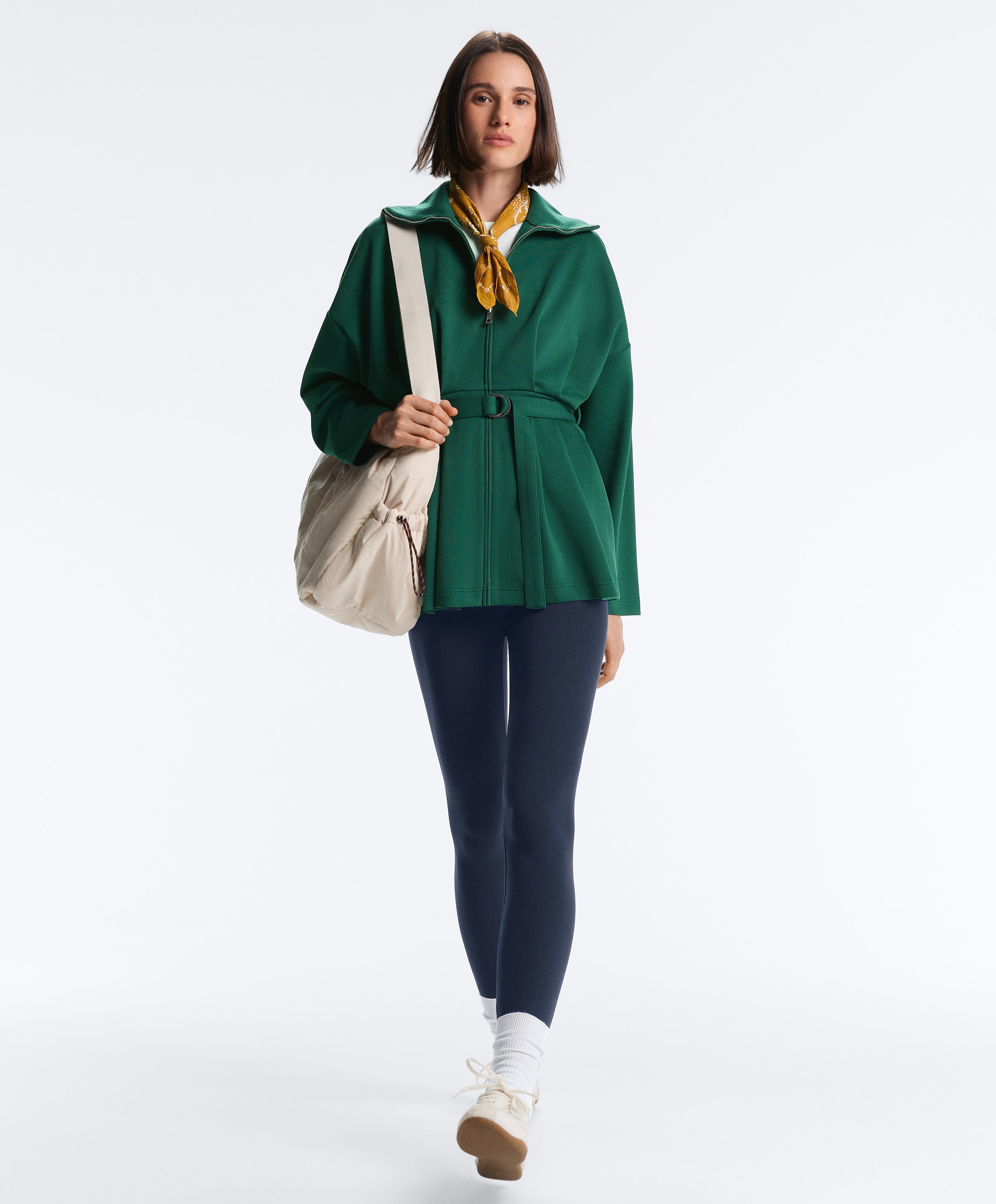 Long cotton piqué belted jacket — DARK EMERALD