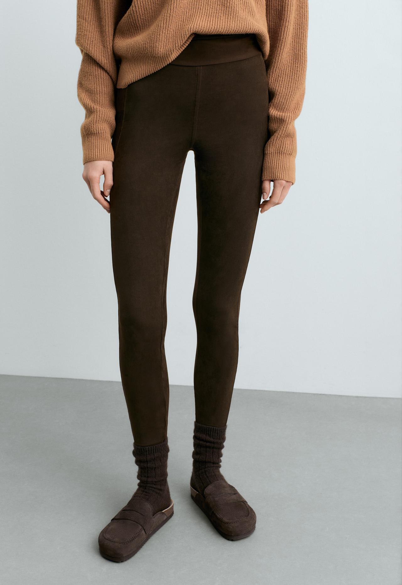 Suede-effect ankle-length leggings — Dark chocolate