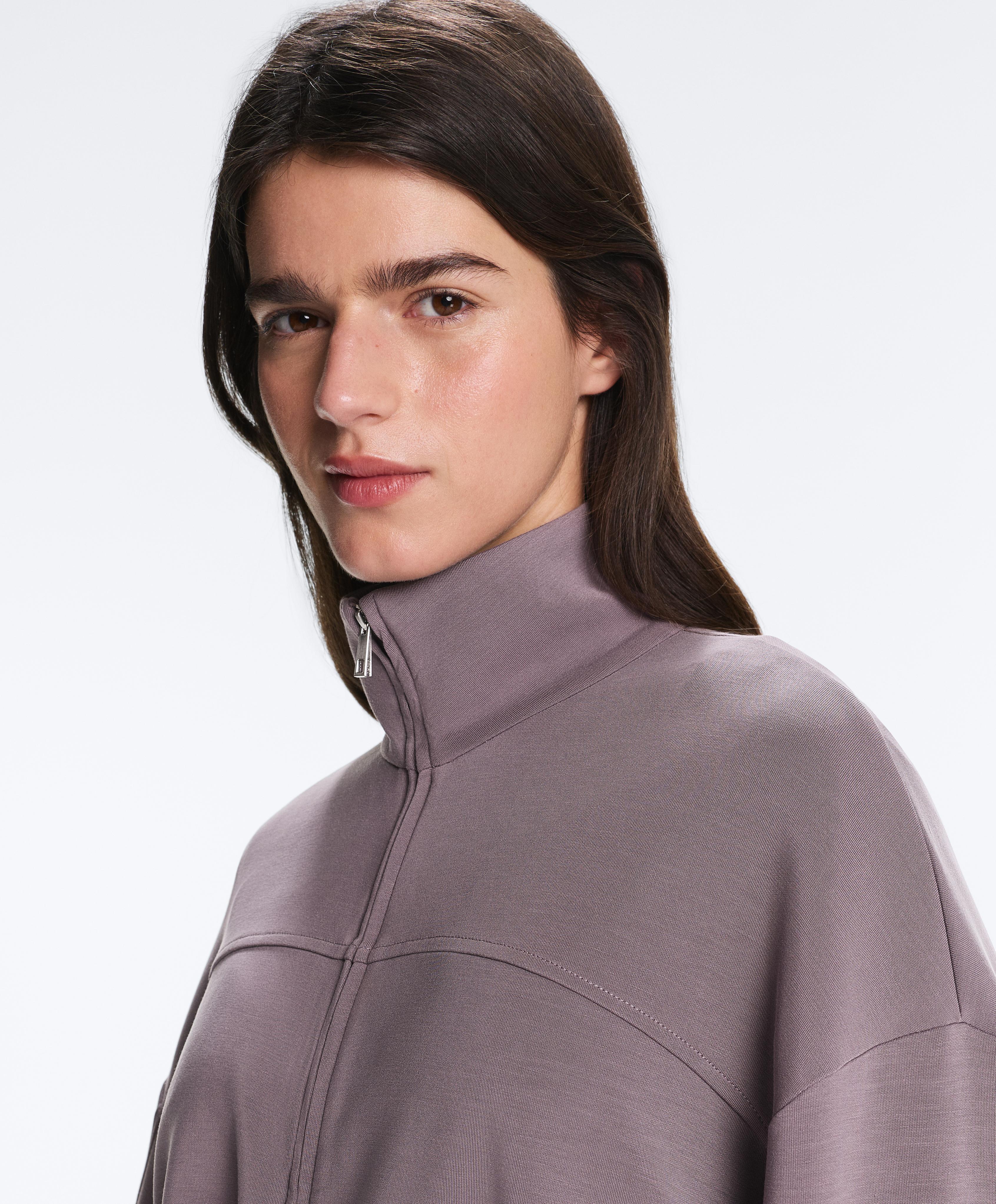 Soft-touch modal jacket with adjustable waist and high collar — GREY-LILAC