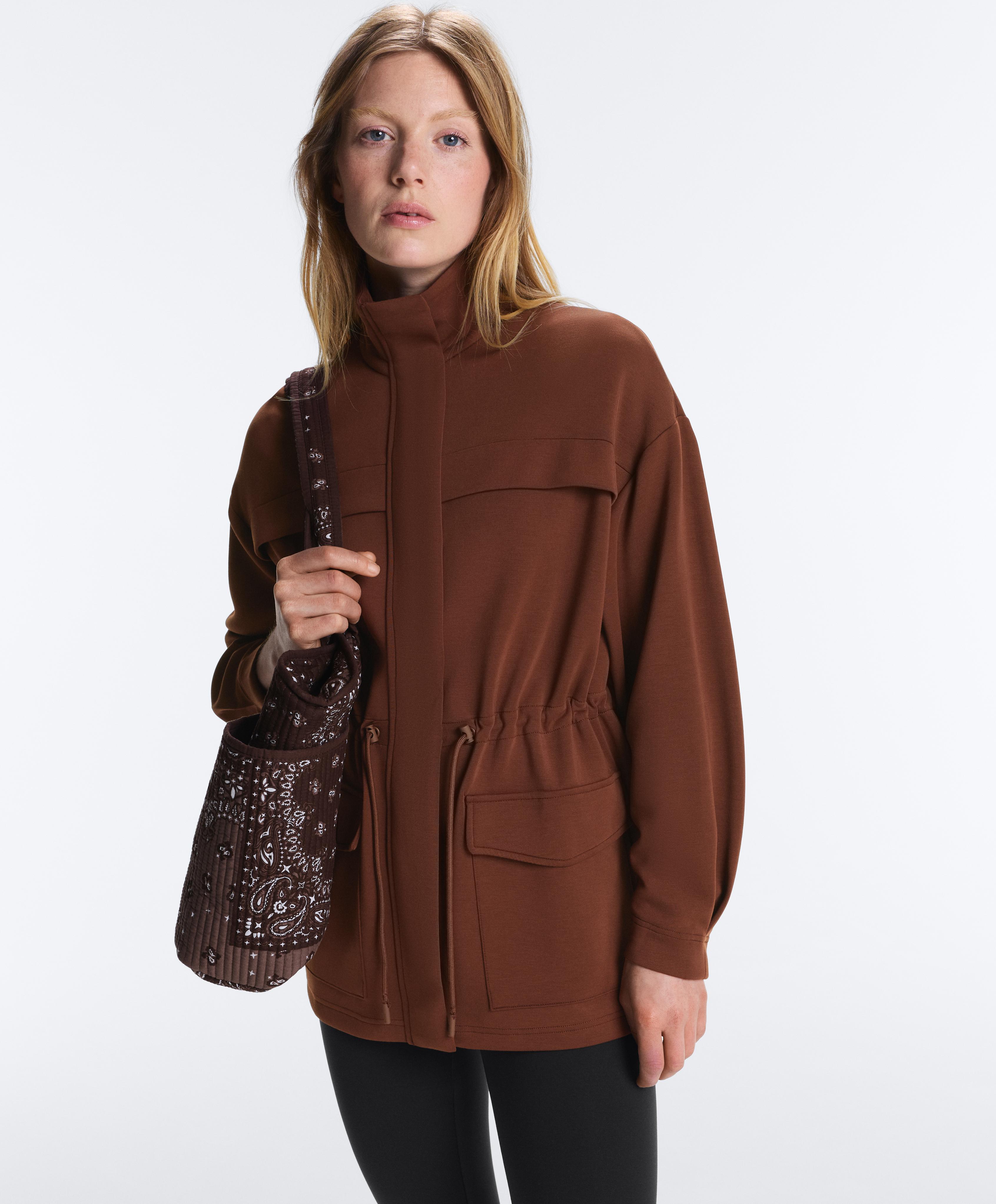Long soft-touch modal jacket with pockets — COFFEE