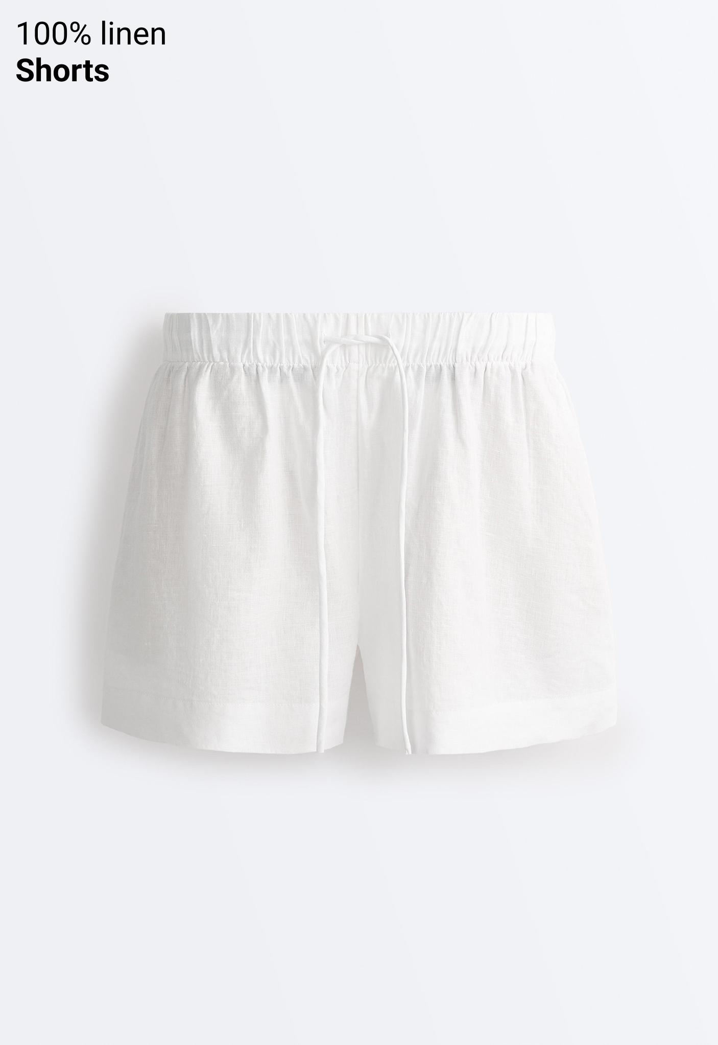 100% linen mid-rise shorts — WHITE 