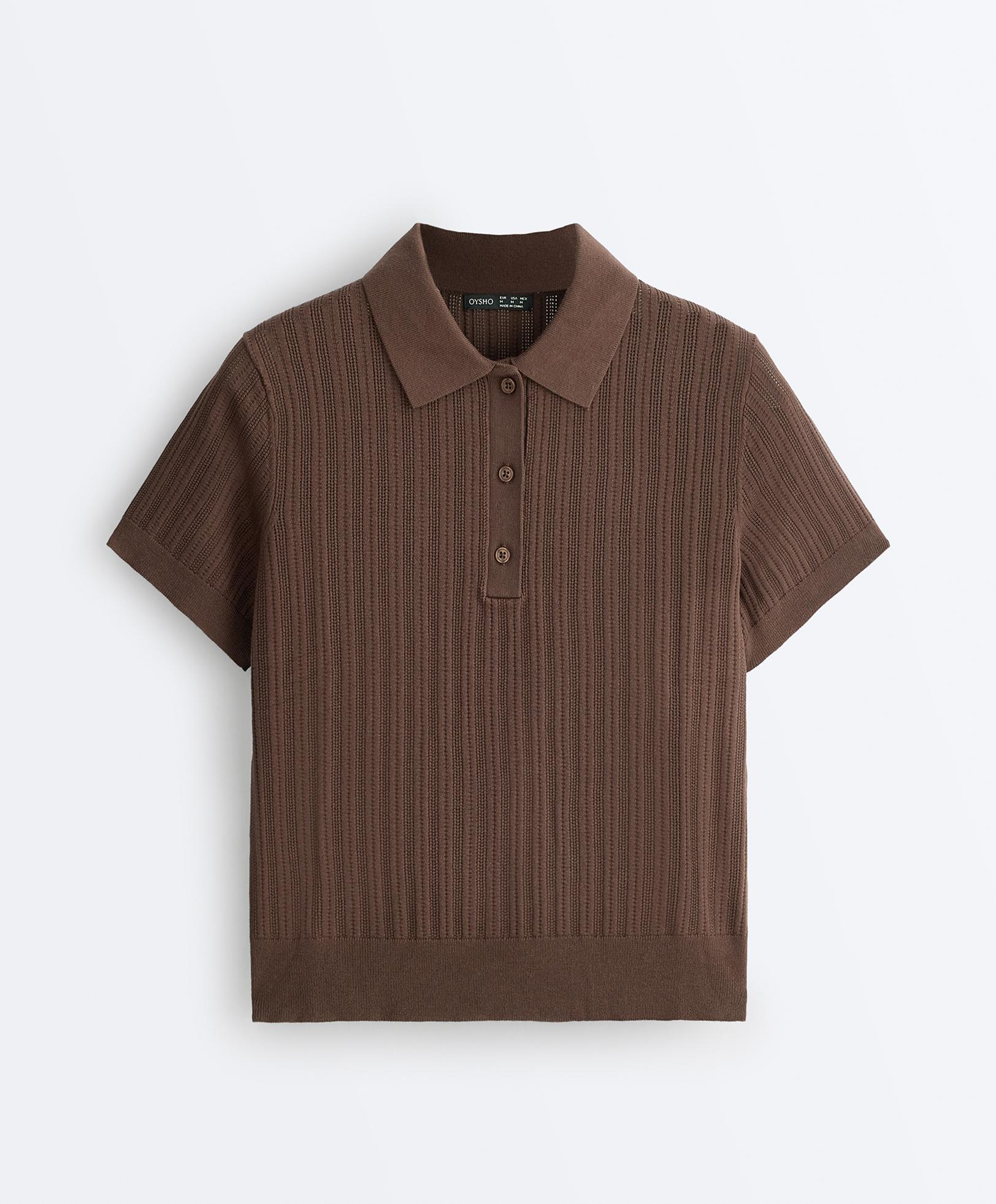 Short sleeve open knit polo shirt — MID-BROWN