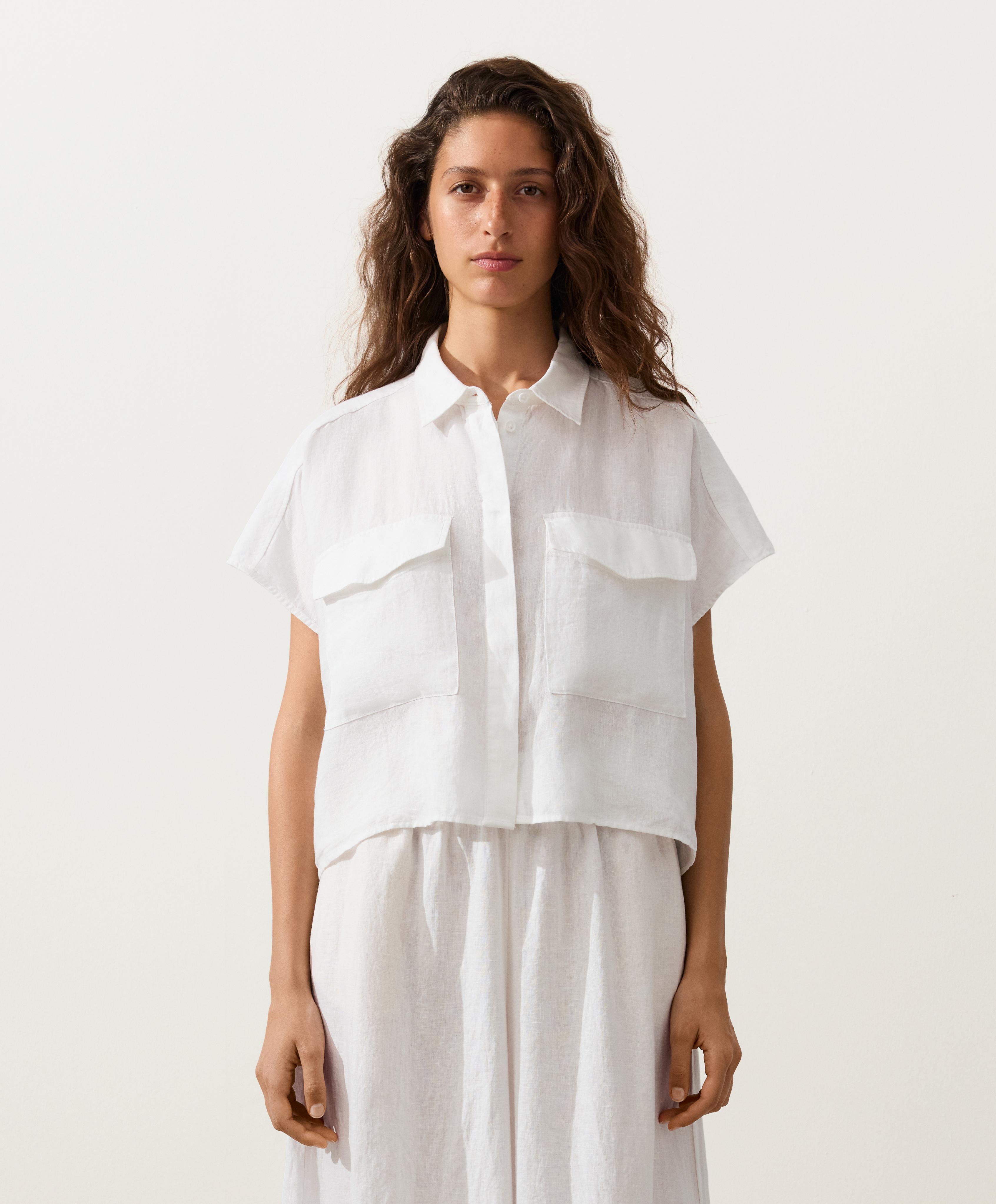 100% linen collared shirt with pockets — WHITE