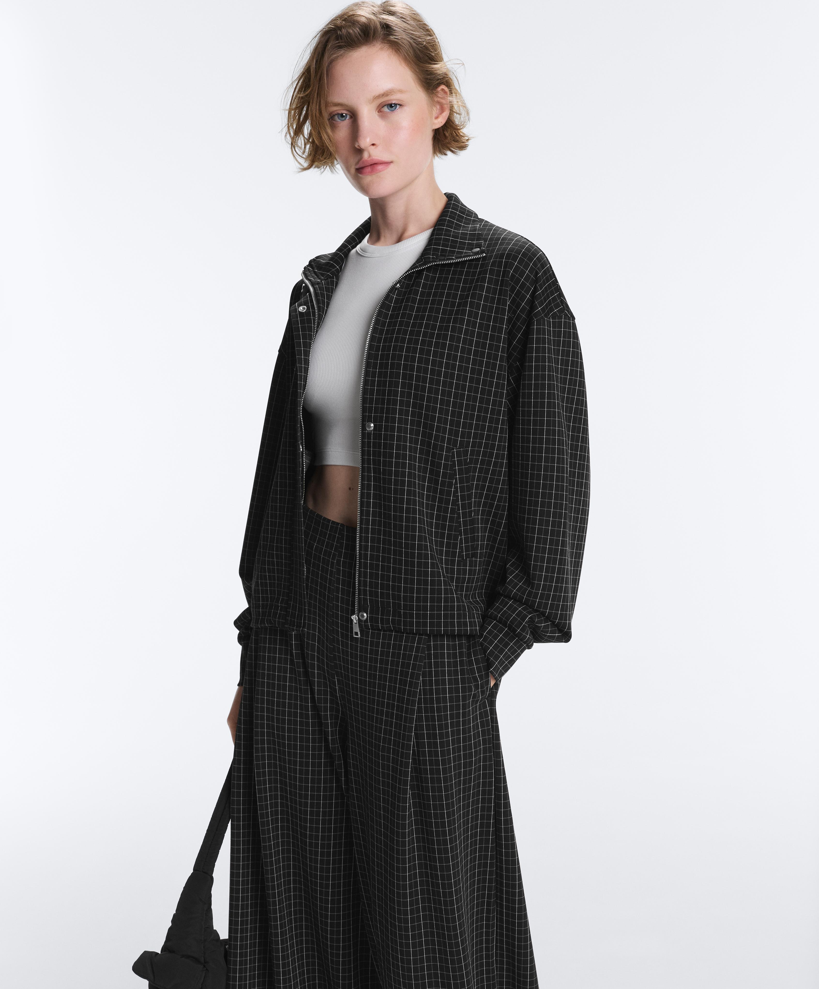 Check high neck jacket — BLACK