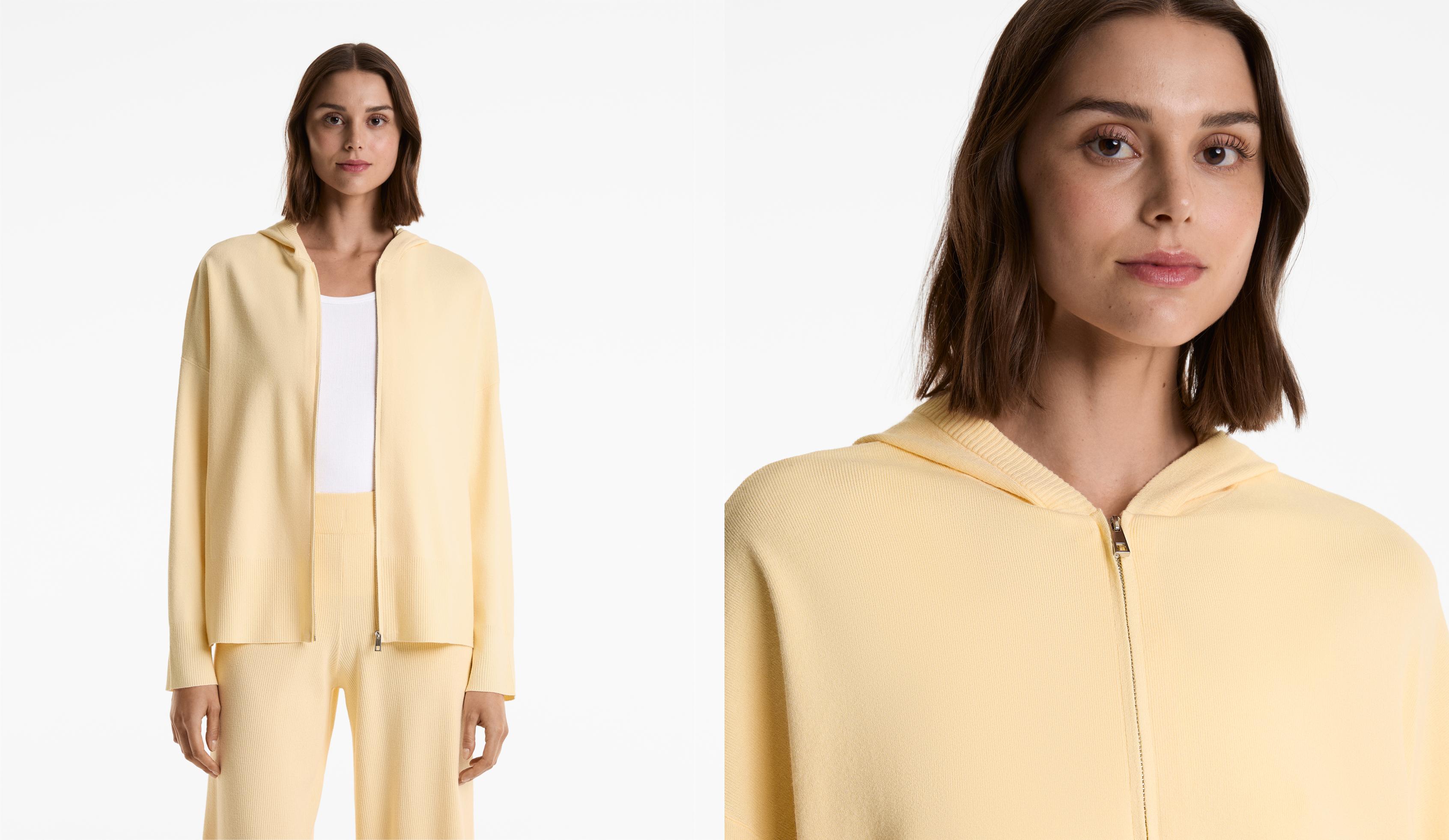 Long hooded knit jacket with rib detail