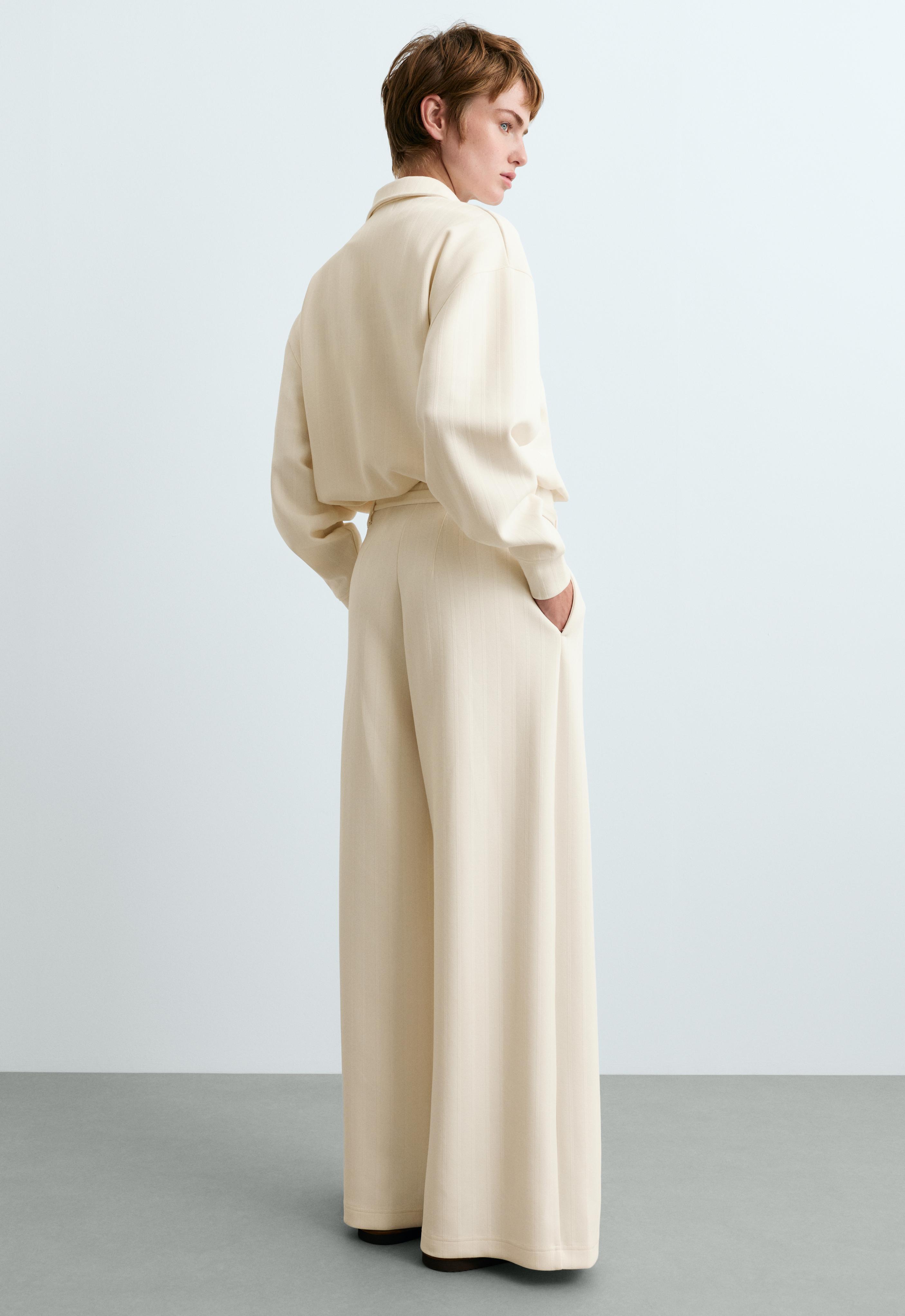Striped cotton piqué wide-leg trousers — PALE ECRU