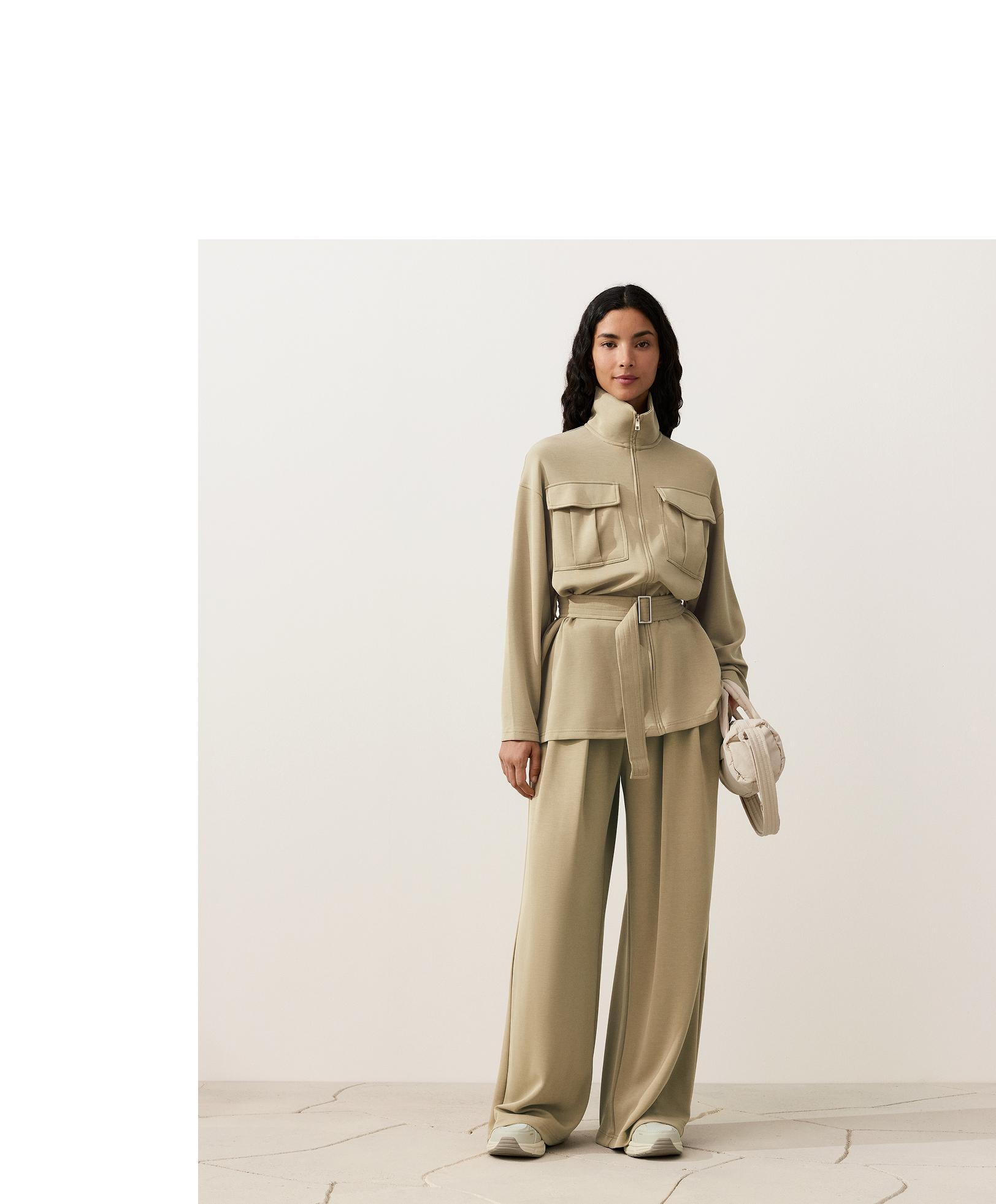 Long soft-touch jacket with modal and belt — GREEN BEIGE