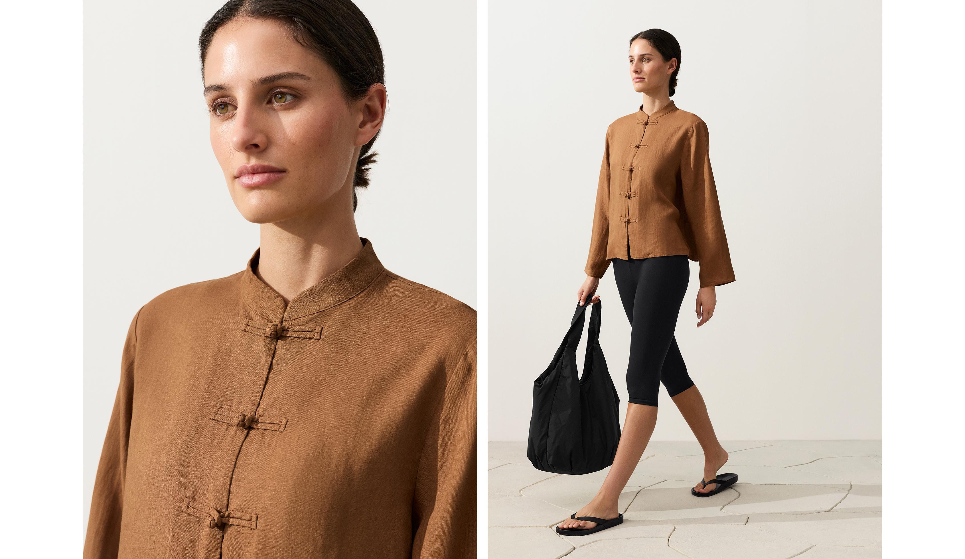 100% linen stand-up collar shirt — TOFFEE