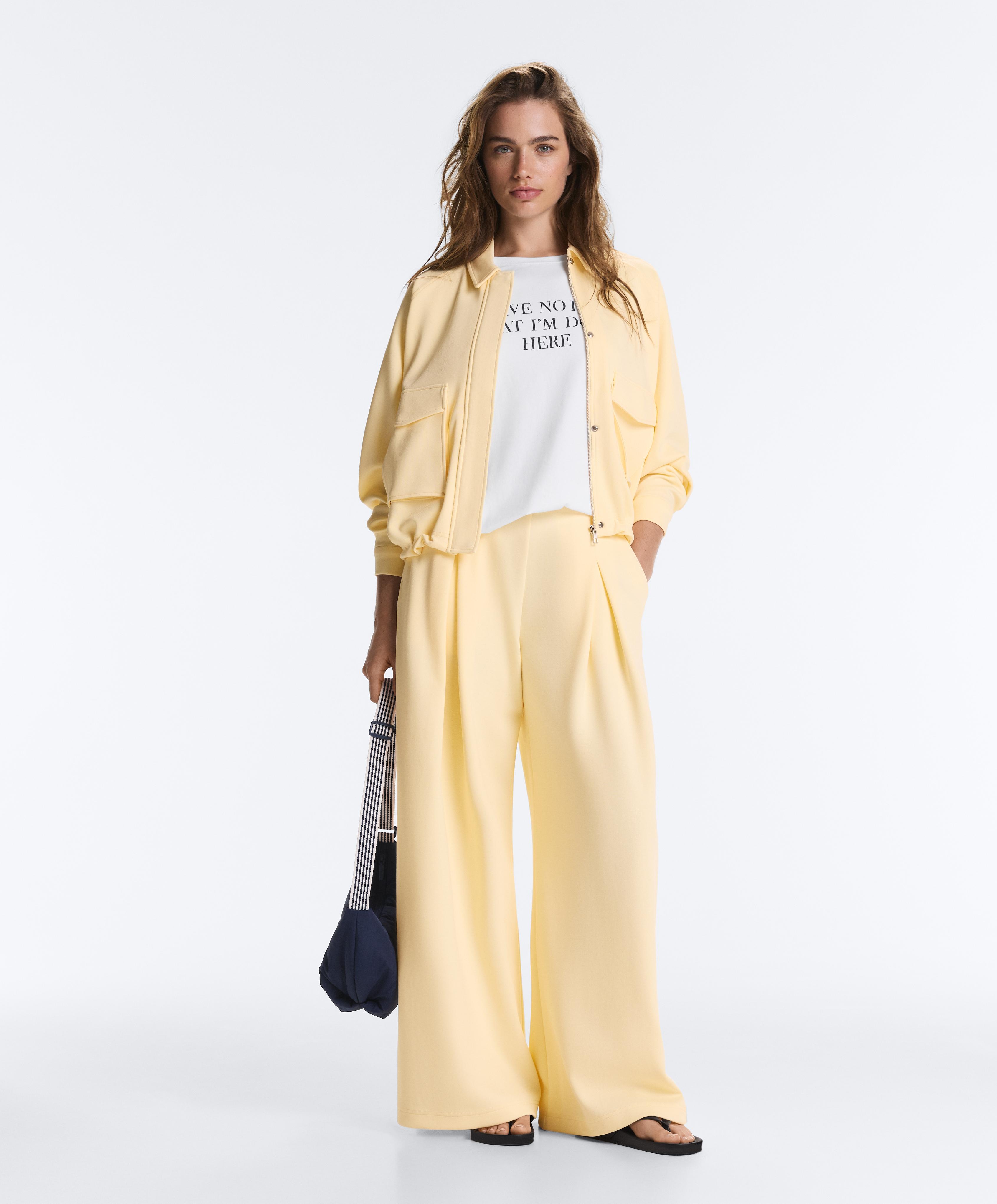 Wide-leg pique trousers with cotton — PALE YELLOW
