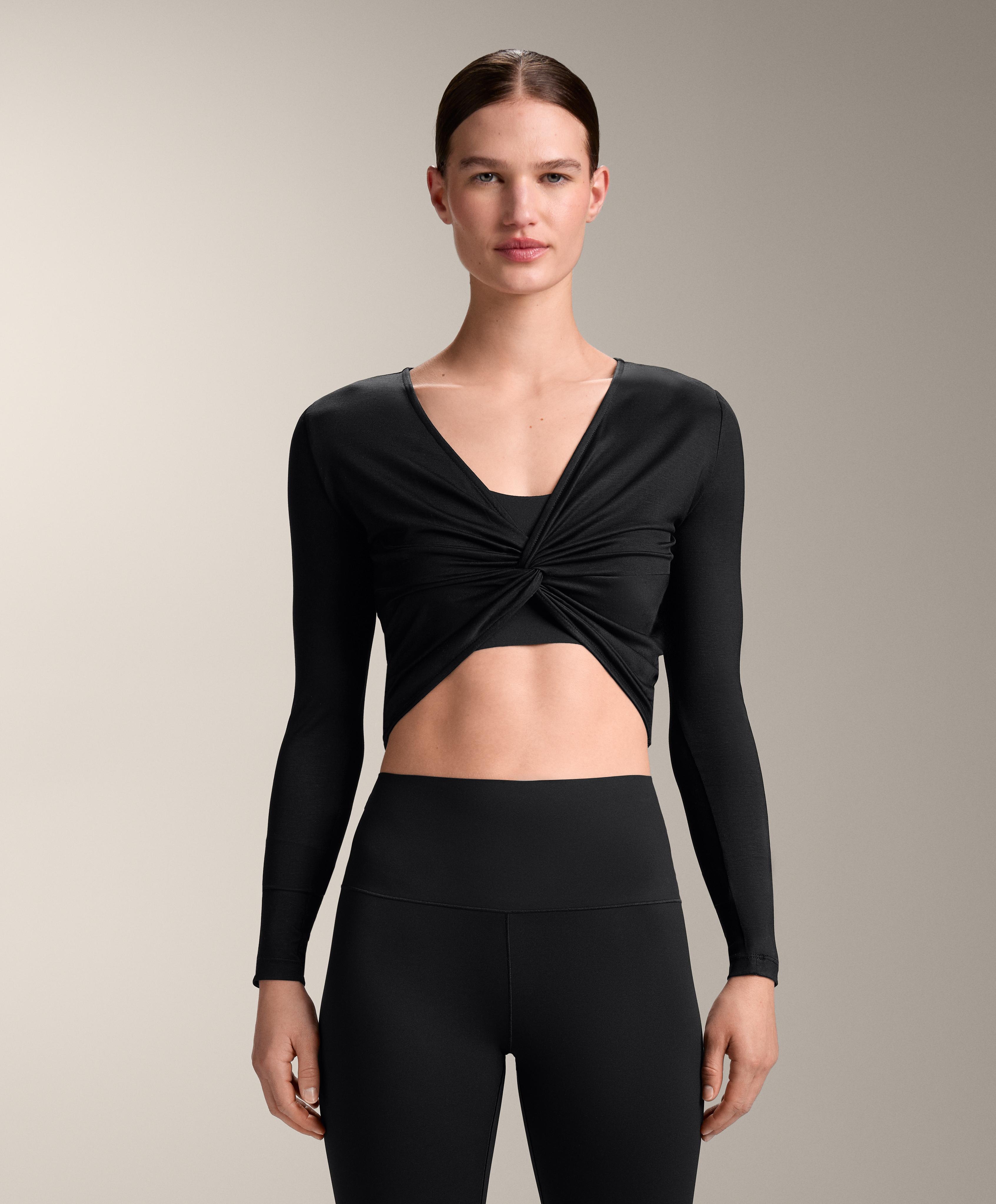 Multi-position long sleeve knotted lyocell blend T-shirt — BLACK