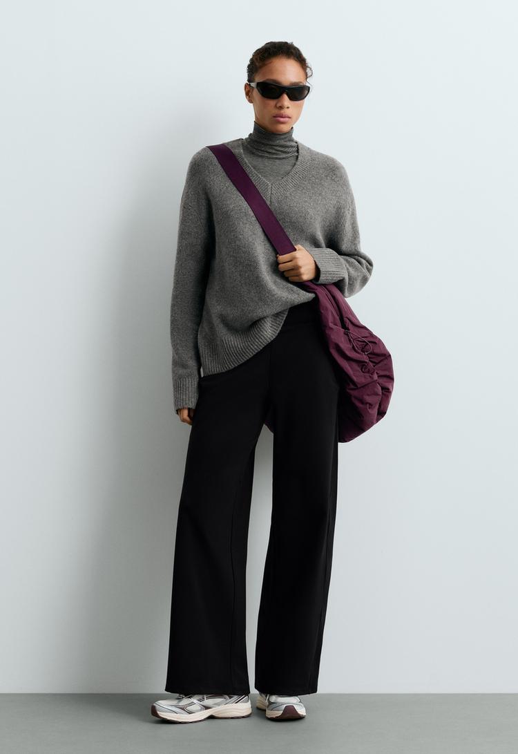High rise Warm straight trousers with zips — BLACK