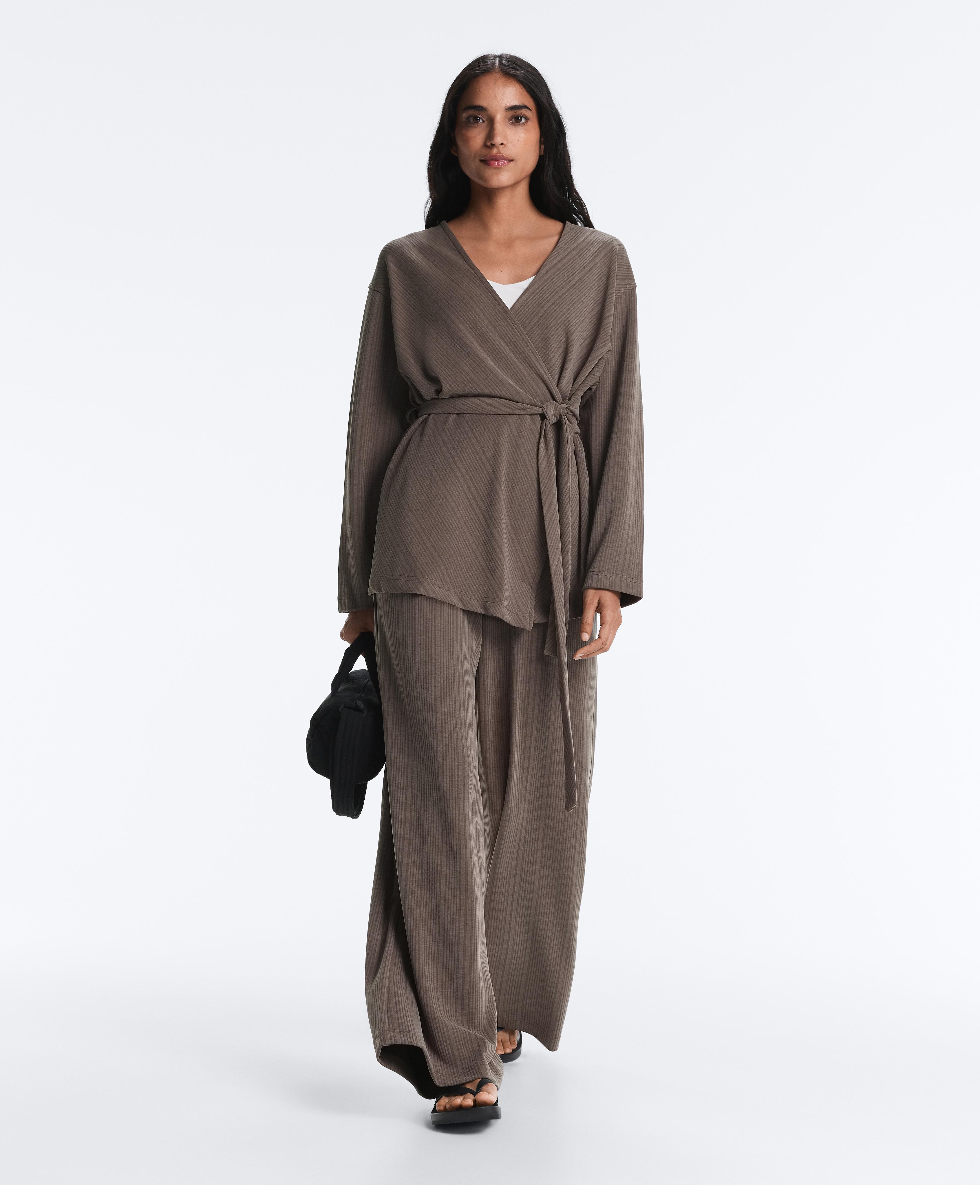 Straight-leg trousers with asymmetric stripe and modal