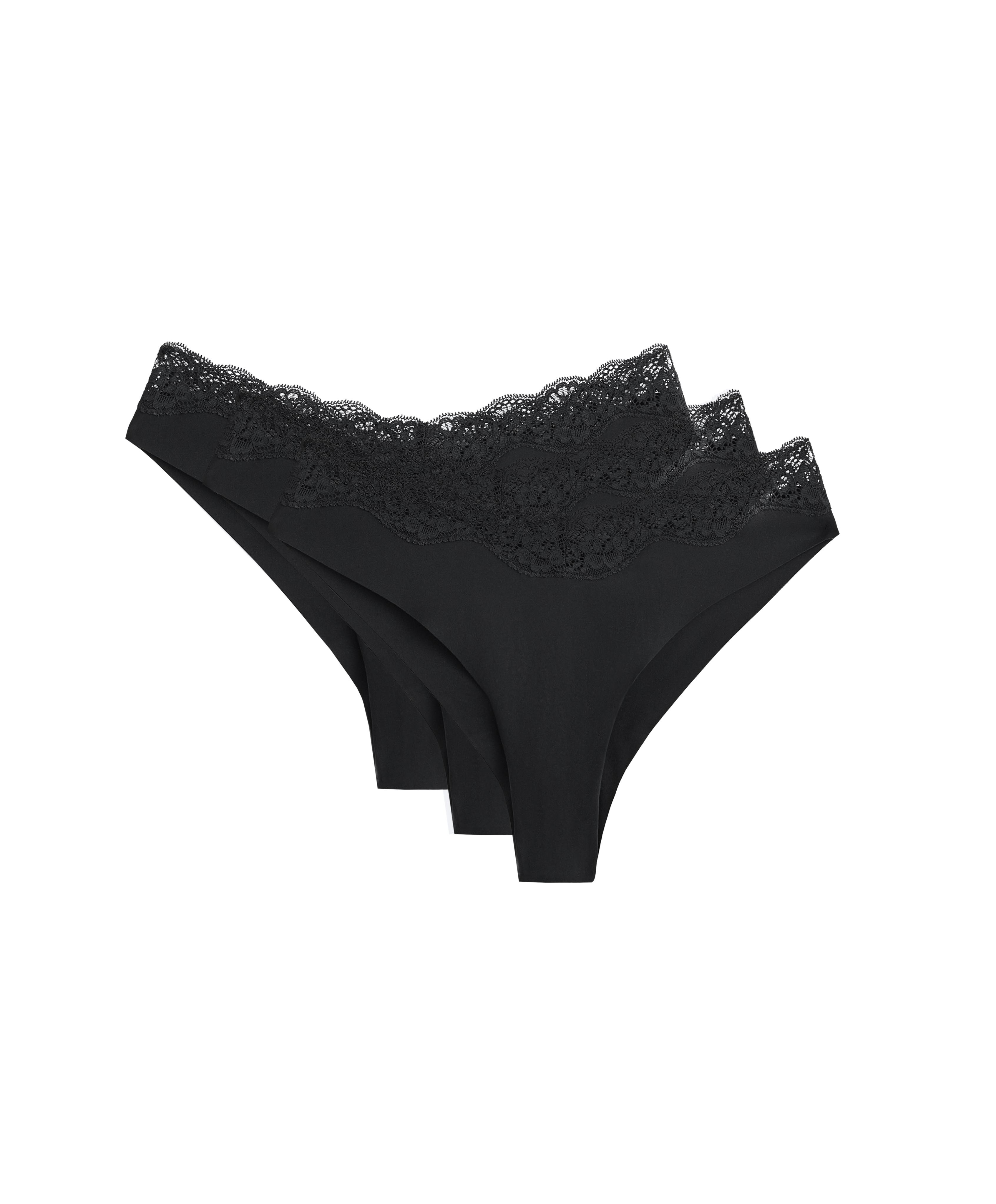 3 V-cut lace laser-cut polyamide Brazilian briefs — BLACK